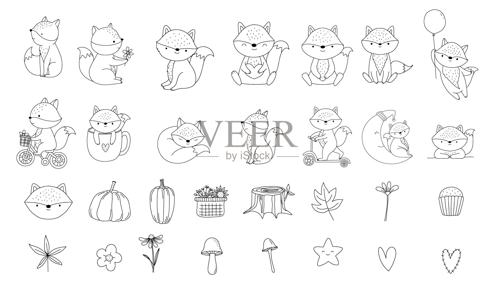 狐狸卡通人物大套轮廓手绘风格，用于印刷，卡片，t恤，横幅，产品。矢量图插画图片素材