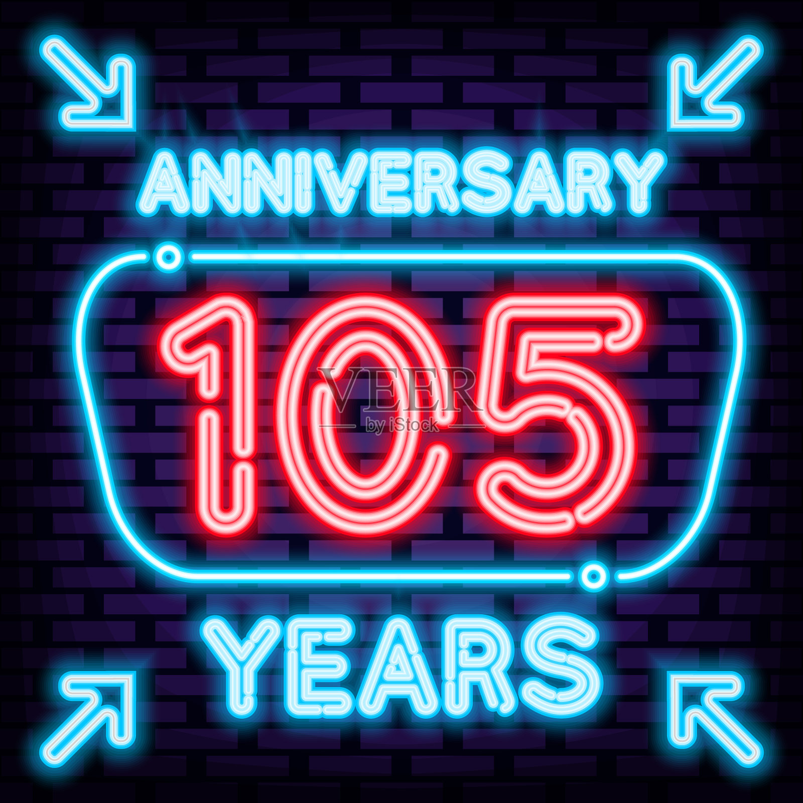 105周年纪念霓虹引用。砖墙背景。霓虹灯文本。插画图片素材