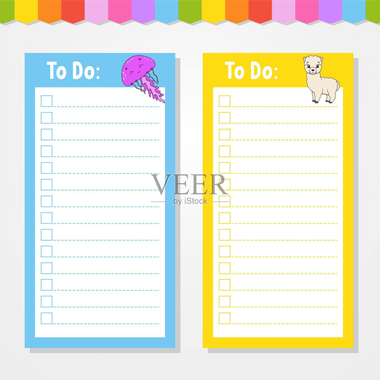 为孩子们做清单。空的模板。矩形形状。孤立的彩色矢量插图。有趣的角色。卡通风格。用于日记、笔记本、书签。插画图片素材