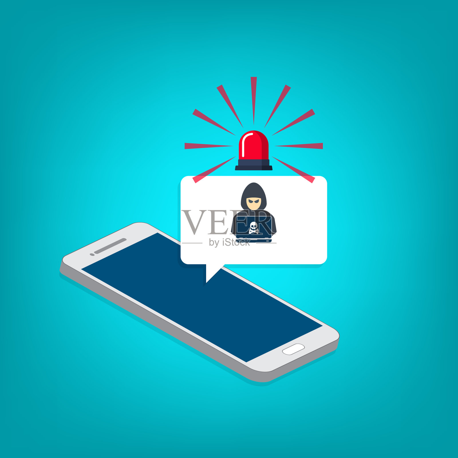 黑客，恶意软件通知手机。智能手机与黑客警报，垃圾邮件数据的手机诈骗错误信息，骗局，病毒。平面向量插图插画图片素材