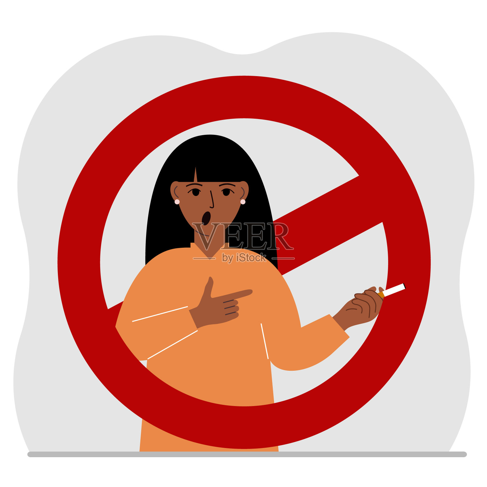 一个手里拿着烟的女人。女人的周围是一块红色的禁酒令。吸烟成瘾的概念和禁烟。插画图片素材