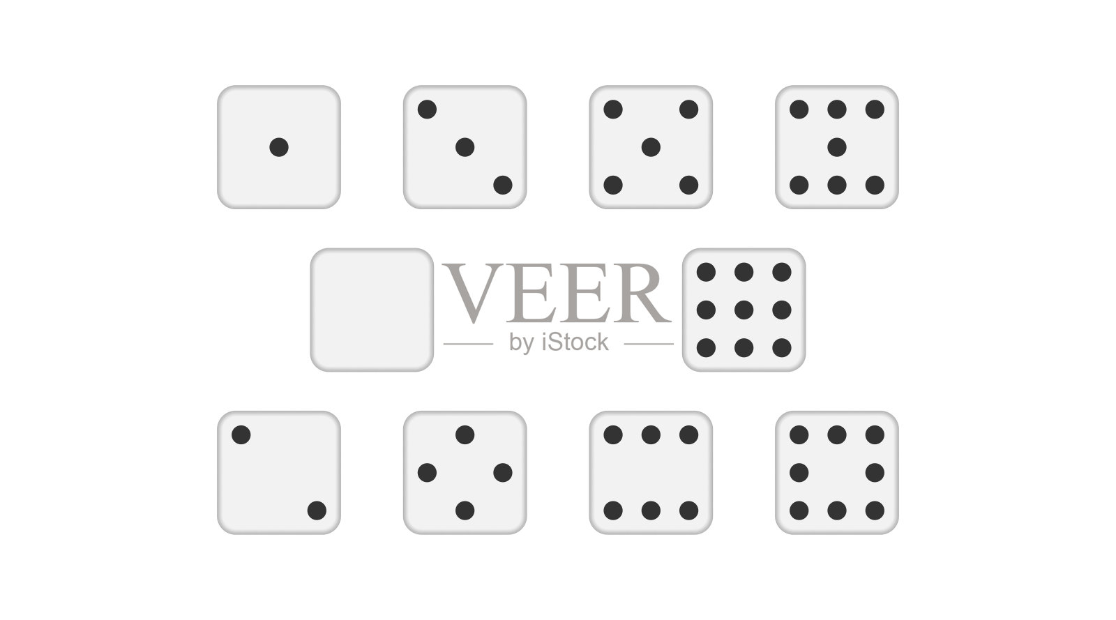 向量骰子。白色方块图标和黑色圆圈。6和9个骰子。一二三四五点。鬼子骨头扑克游戏插画图片素材