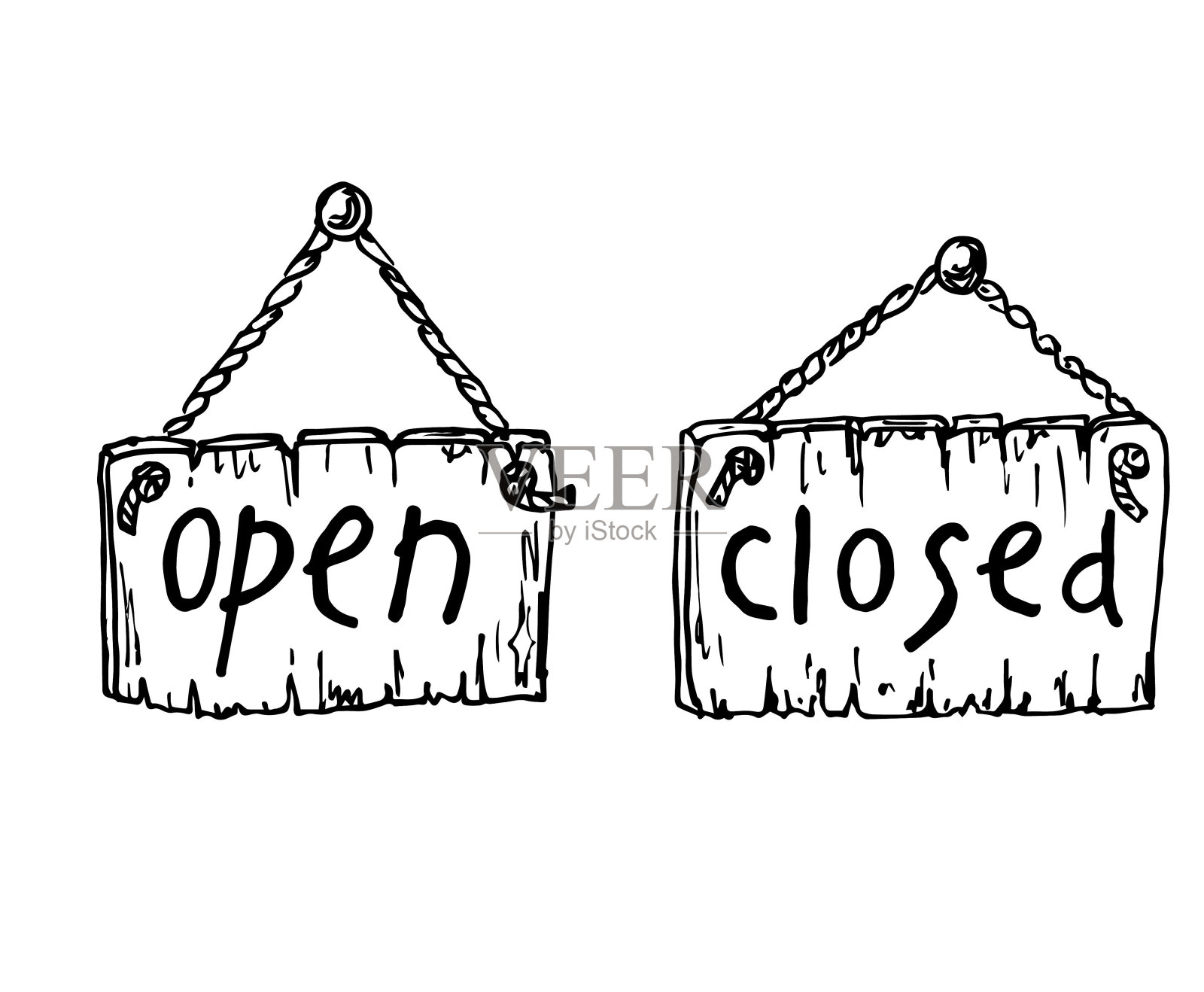 复古标志是打开和关闭在一个木牌匾涂鸦风格。矢量图插画图片素材