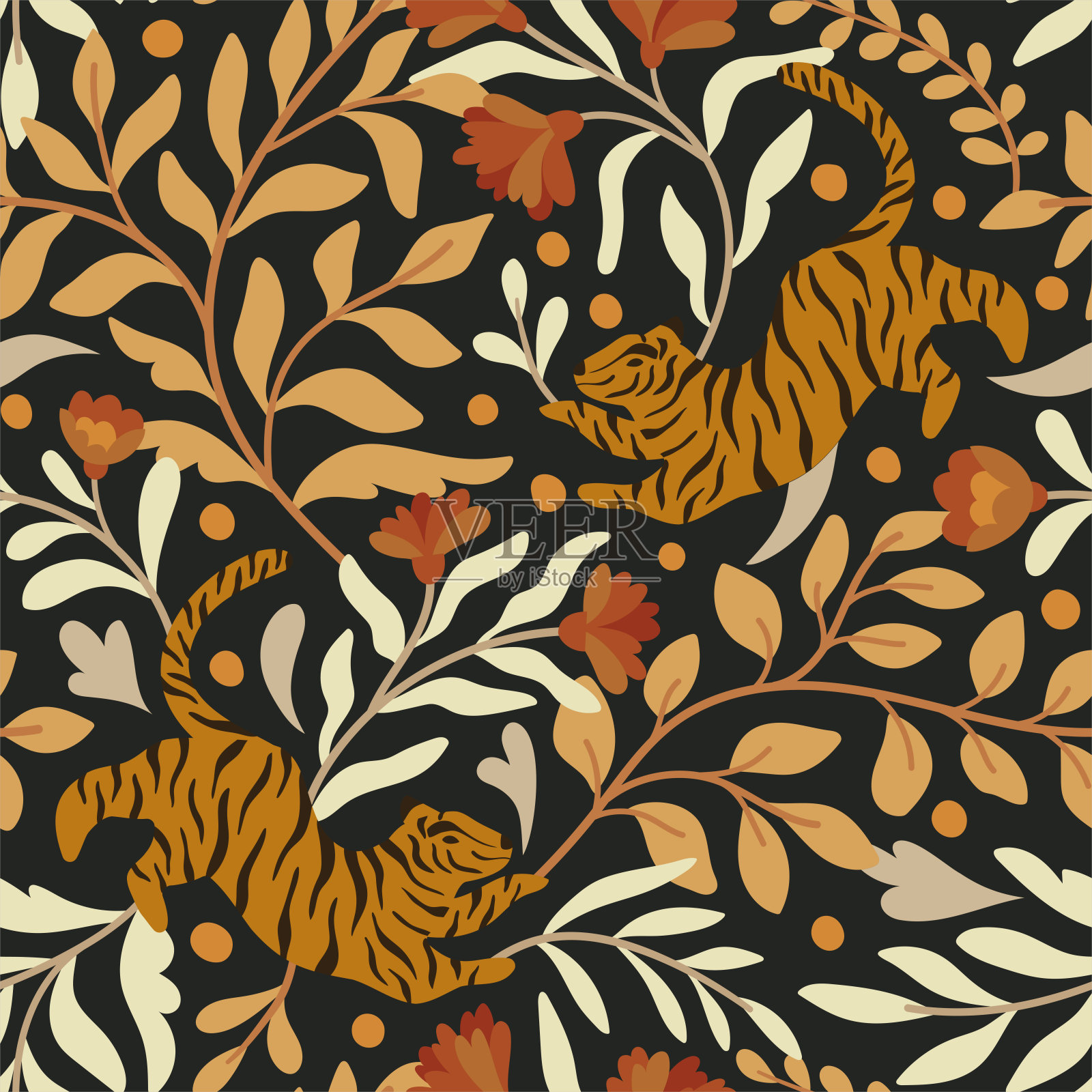 可爱的矢量无缝图案与老虎和花卉元素。用于装饰织物、纺织品的中文背景。插画图片素材