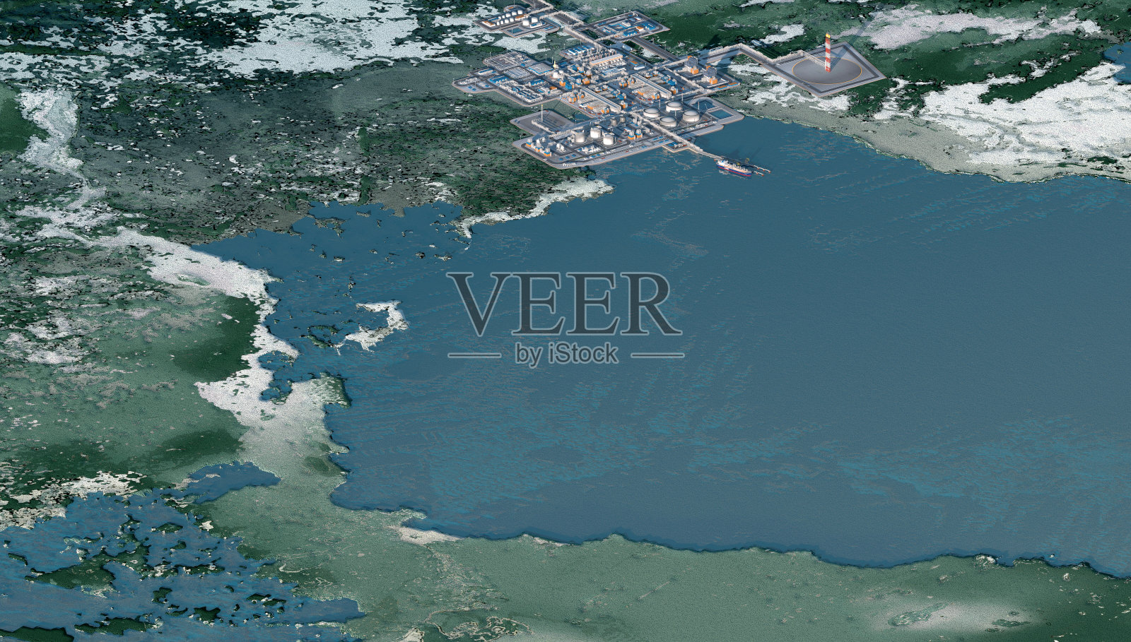 有泊位和气体运输船的液化天然气工厂。3 d渲染照片摄影图片