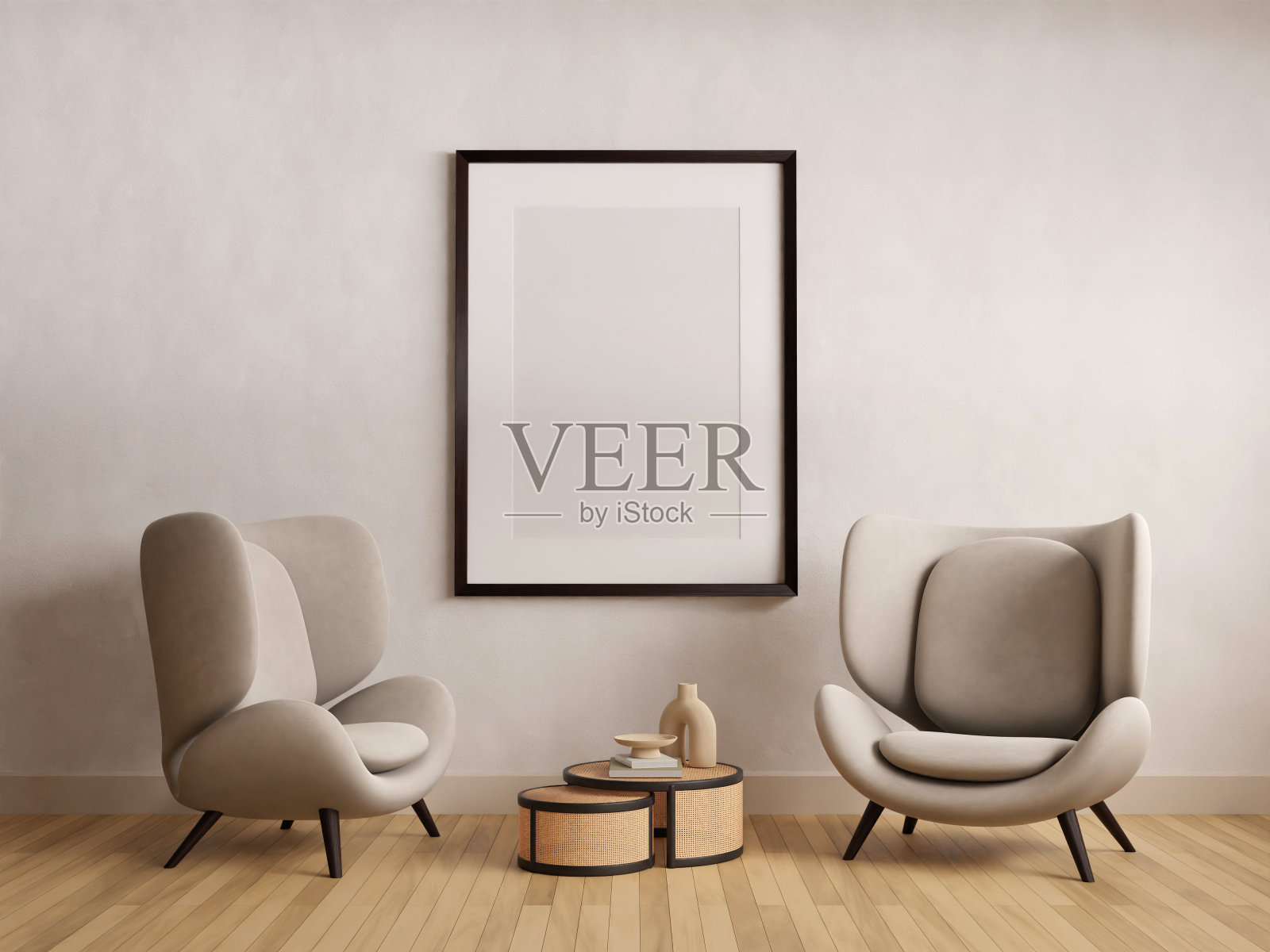 垂直木框架模型在客厅内部与光反射。3d渲染，3d插图照片摄影图片