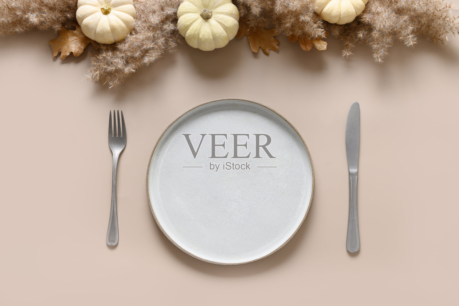 感恩节秋天的餐桌上装饰着自然颜色的白色南瓜。照片摄影图片