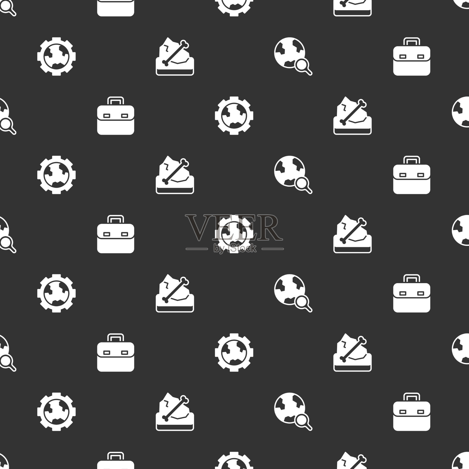 把放大镜与地球仪公文包齿轮图标素材