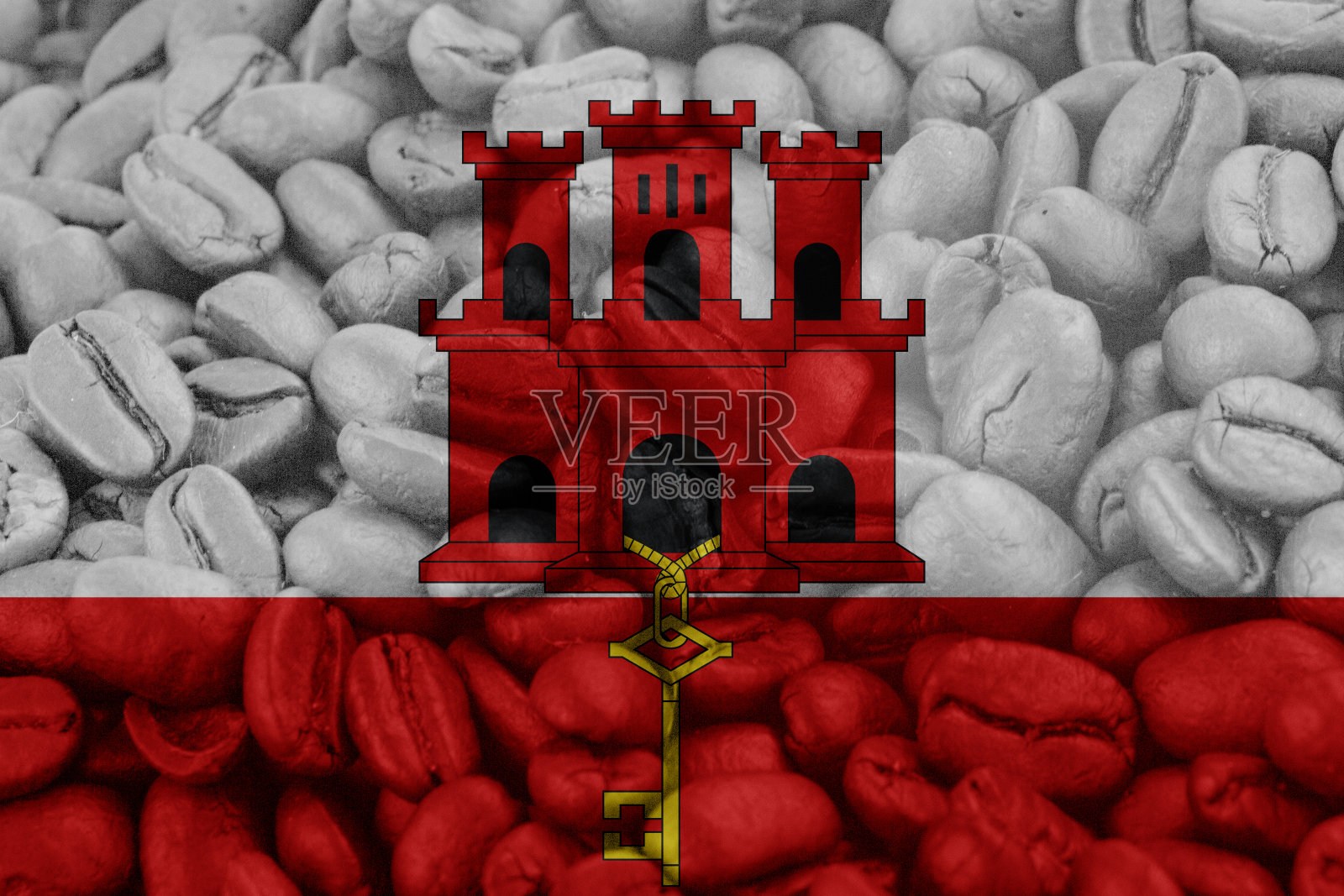 背景咖啡豆上的直布罗陀国旗照片摄影图片