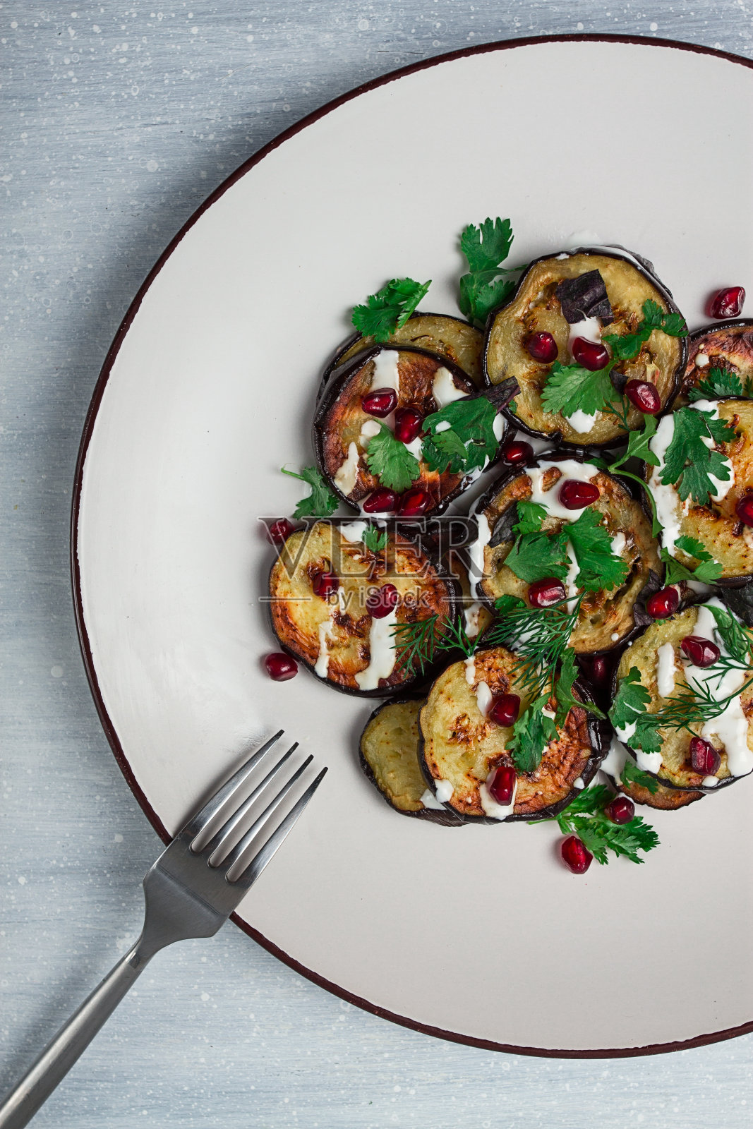 炸茄子，配白酱，石榴籽，俯视图，没人，照片摄影图片