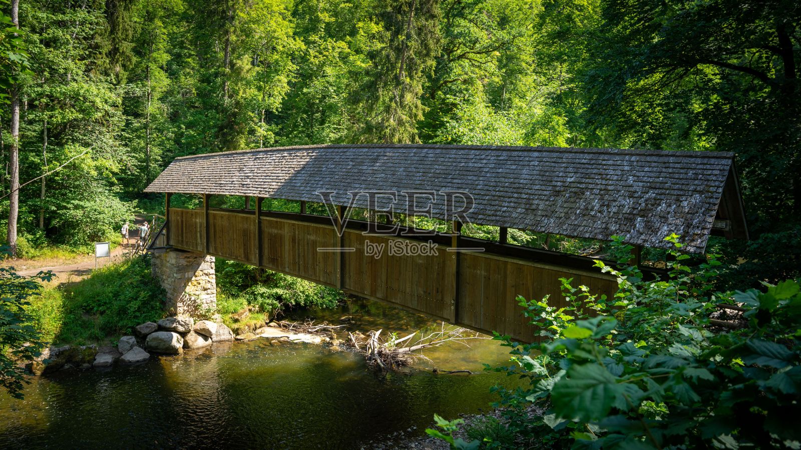 从鸟瞰图中可以看到桥在流动的河流上照片摄影图片