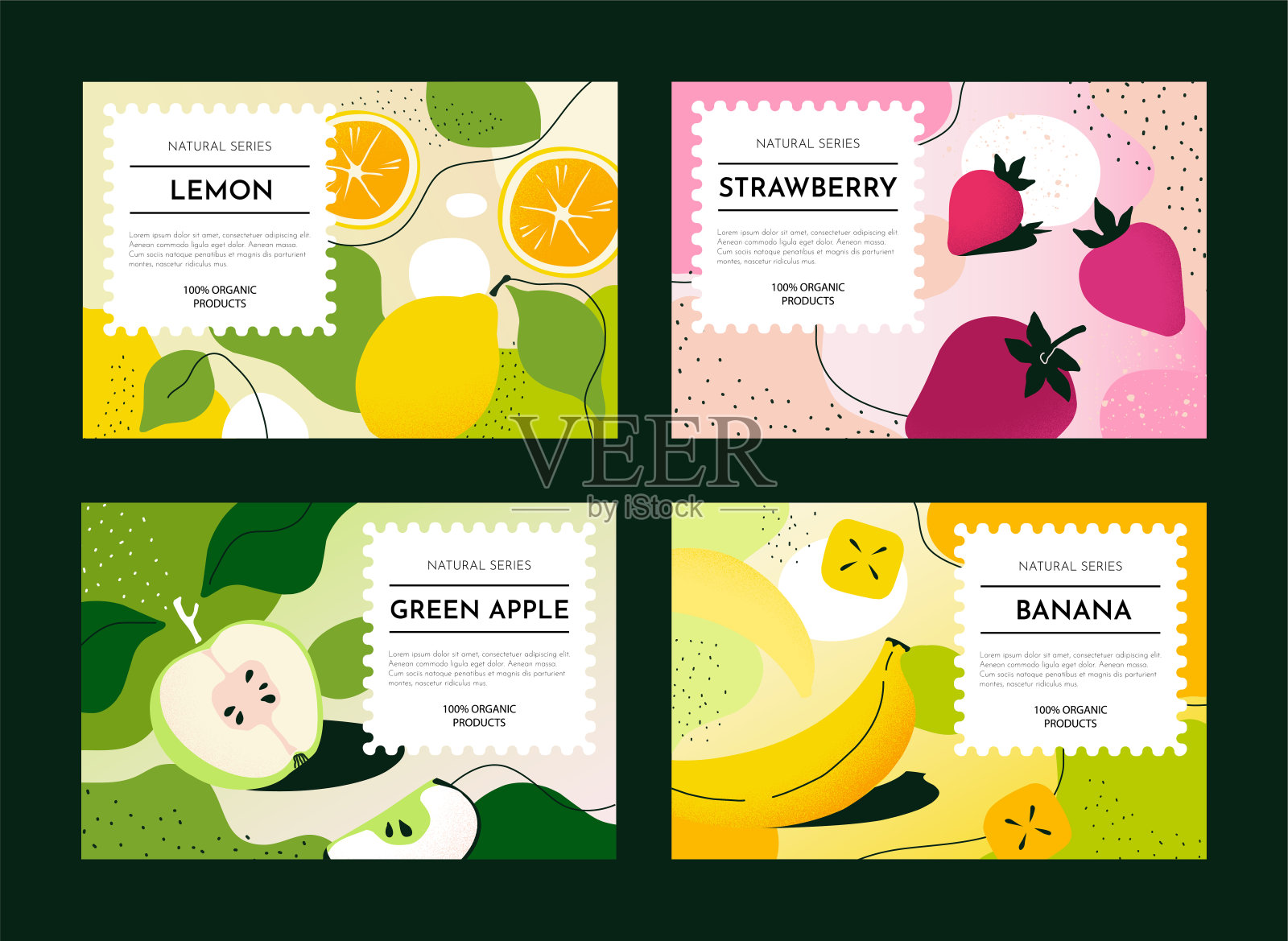 抽象的食品包装。橙色或菠萝图案。肥皂盒或邮票符号。洗澡化妆盒。香蕉和苹果。标签模板集。有机产品。矢量设计背景插画图片素材