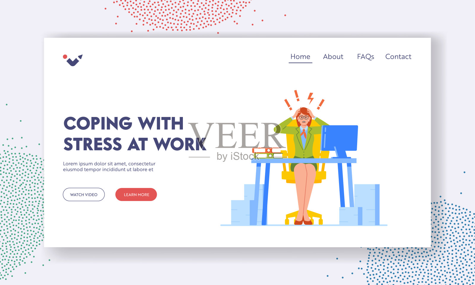 应对工作压力登陆页面模板。压力大的女商人坐在闪光灯和感叹号插画图片素材