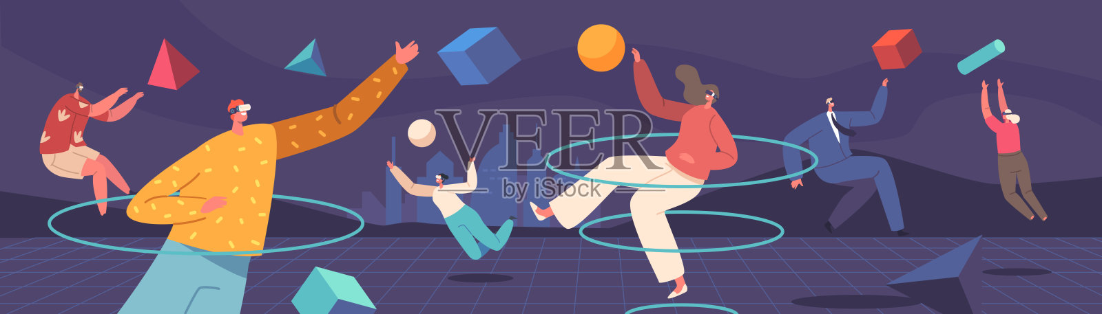 元宇宙增强现实概念。人们戴着连接虚拟现实空间插图的Vr眼镜和耳机插画图片素材