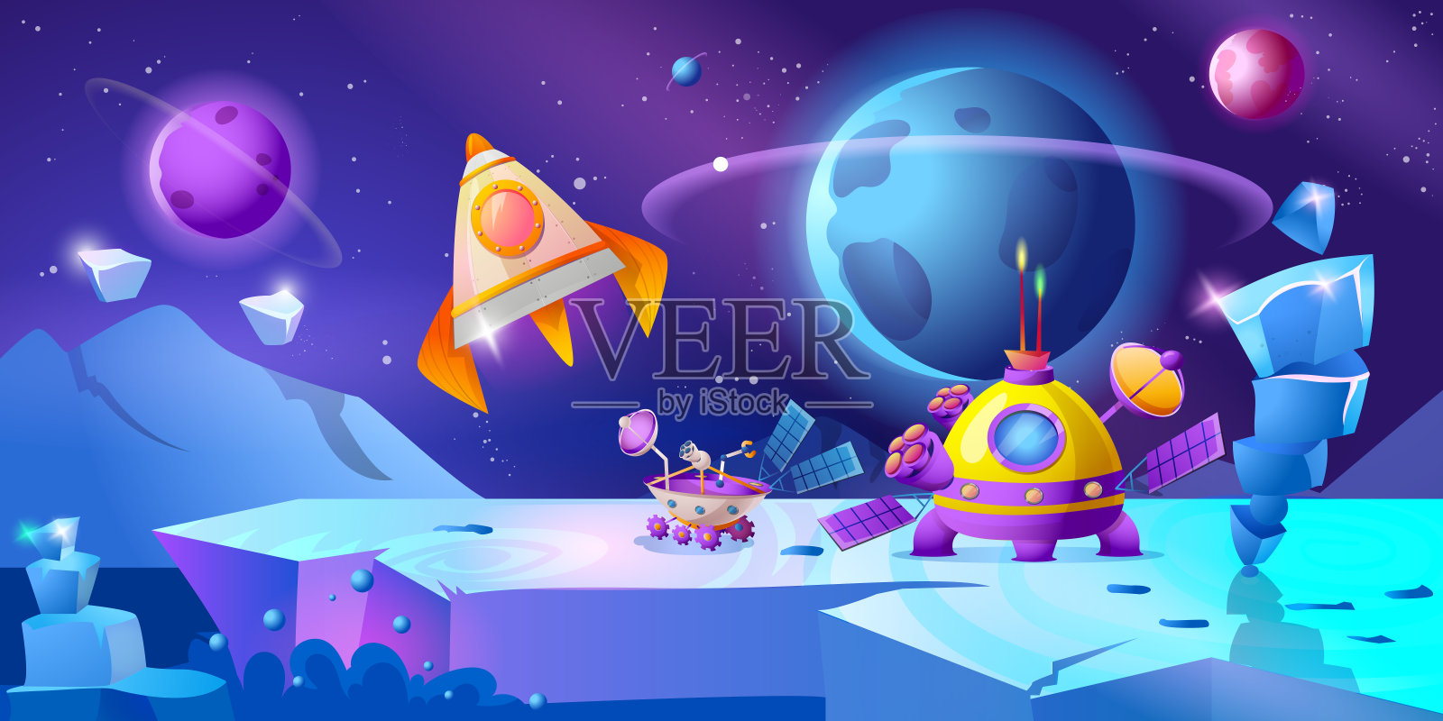 外层空间的卡通景观与岩石，火箭，月球车和宇宙飞船插画图片素材