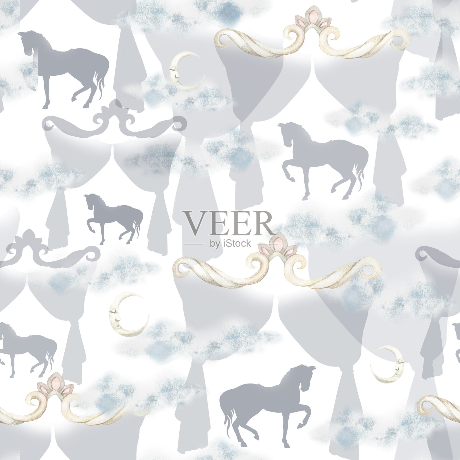 马在窗帘。模式。水彩插画图片素材