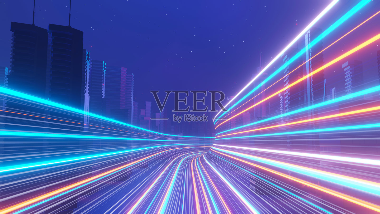 3d渲染的网络夜超大城市景观场景。光的发光和反射在黑暗的科技场景。晚上的生活。5g技术网络。超越科幻首都的未来主义和建筑场景。照片摄影图片