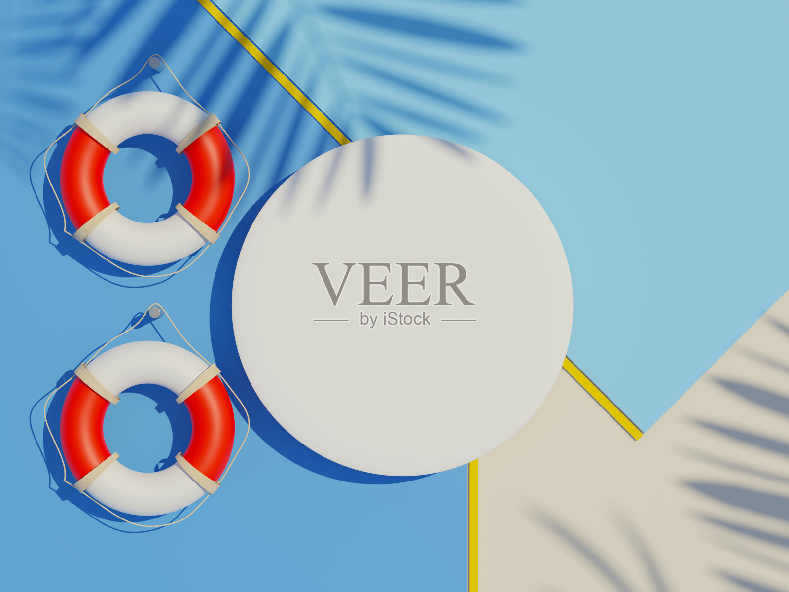 3d渲染顶视图的白色空白圆柱形框架模拟和显示产品的棕榈叶阴影与夏季背景。照片摄影图片