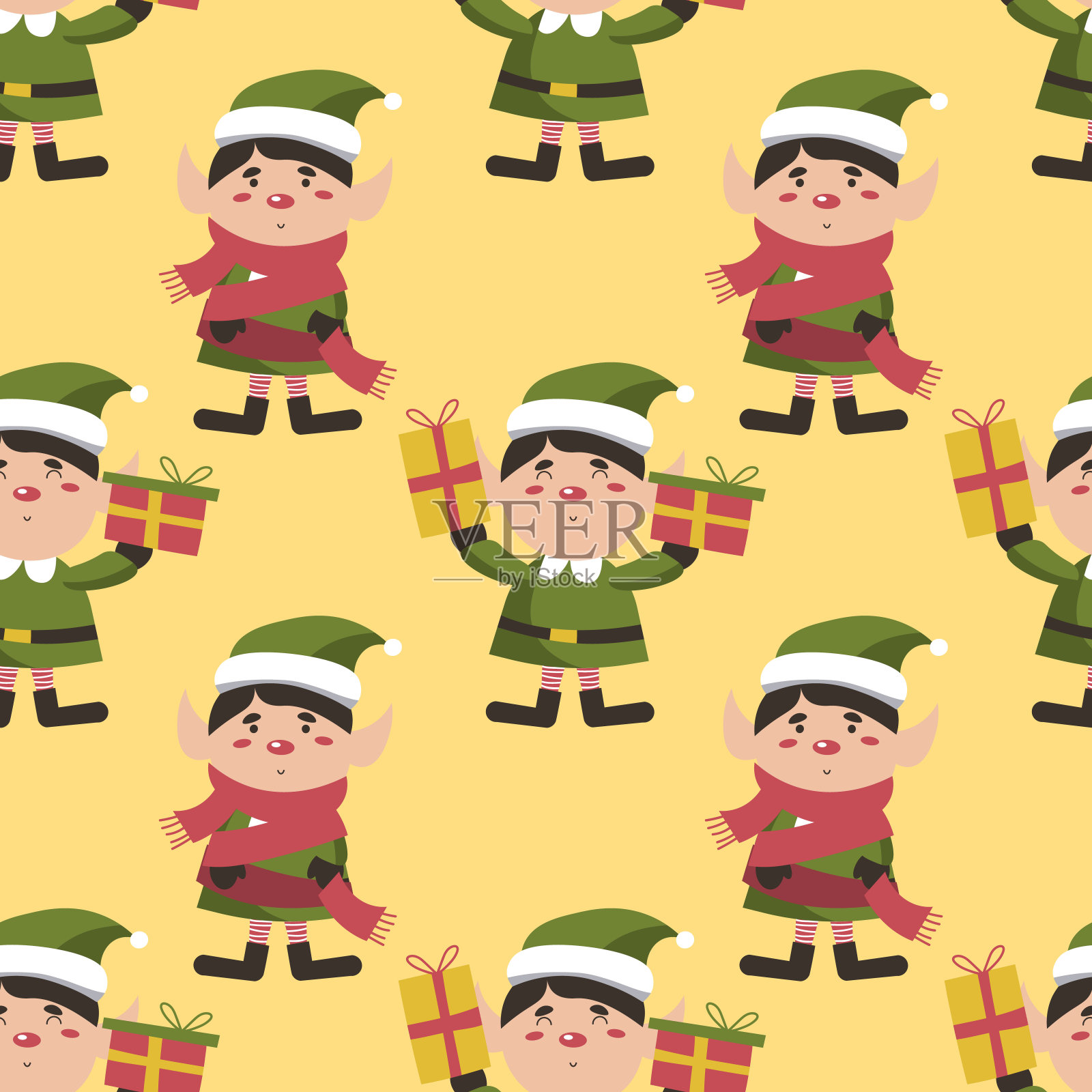 圣诞精灵与礼物无缝模式的黄色背景。可爱的寒假背景。婴儿设计的纺织品，织物，装饰。每股收益插画图片素材