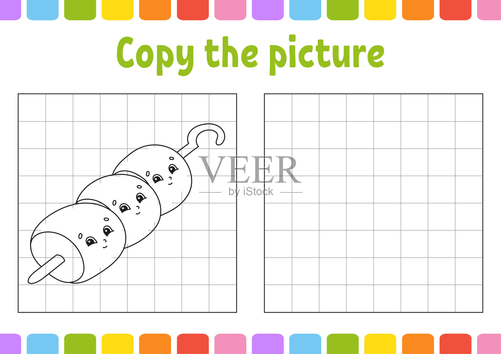 复制图片。给孩子们的涂色书。教育发展工作表。游戏对孩子们。书法练习。有趣的角色。可爱的卡通矢量插图。插画图片素材