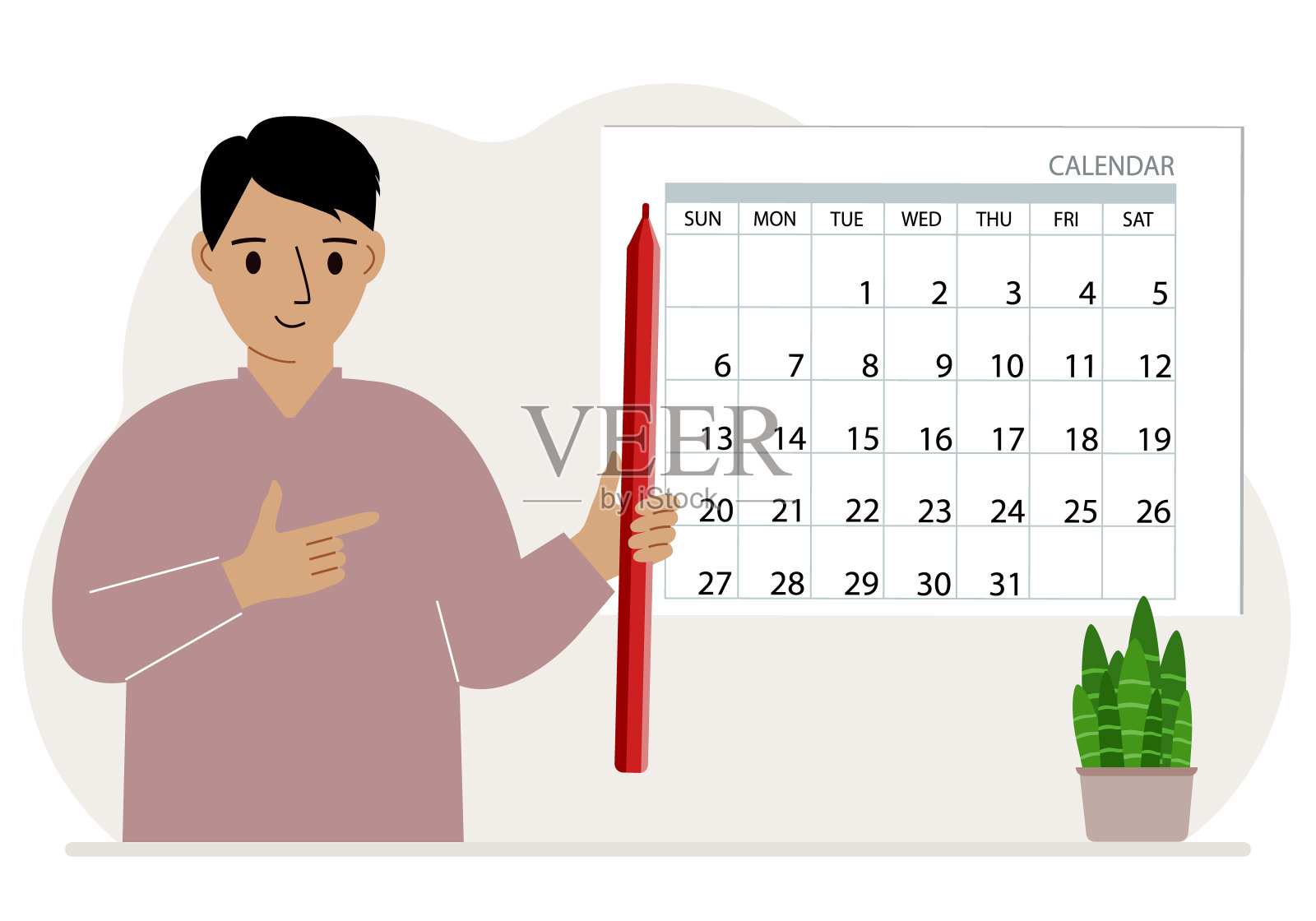 一个拿着铅笔的人创造了一个日历。计划和时间管理，负责的员工计划会议和活动。设计模板素材