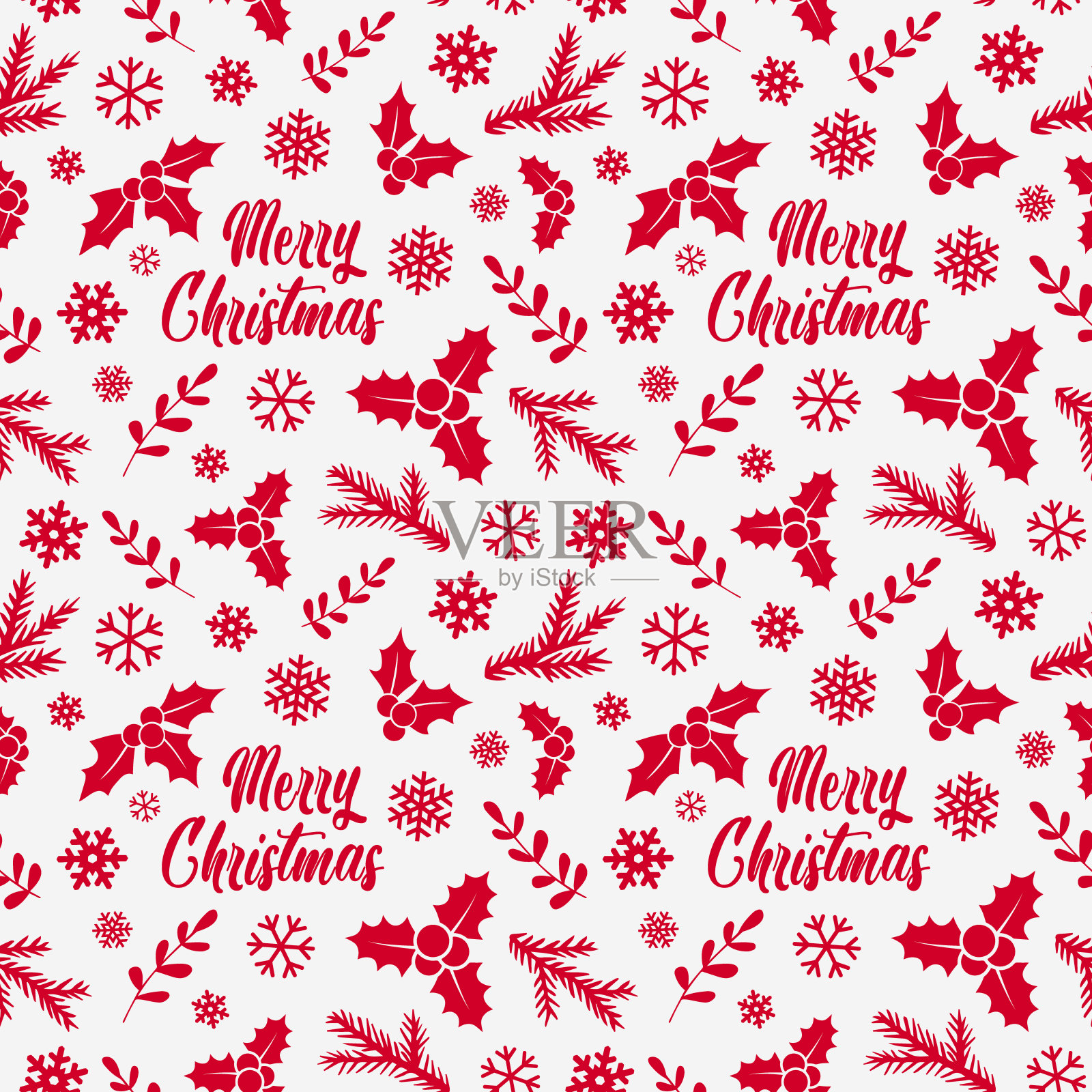 冬季无缝图案以槲寄生，雪花和文字圣诞快乐为背景，墙纸。插画图片素材