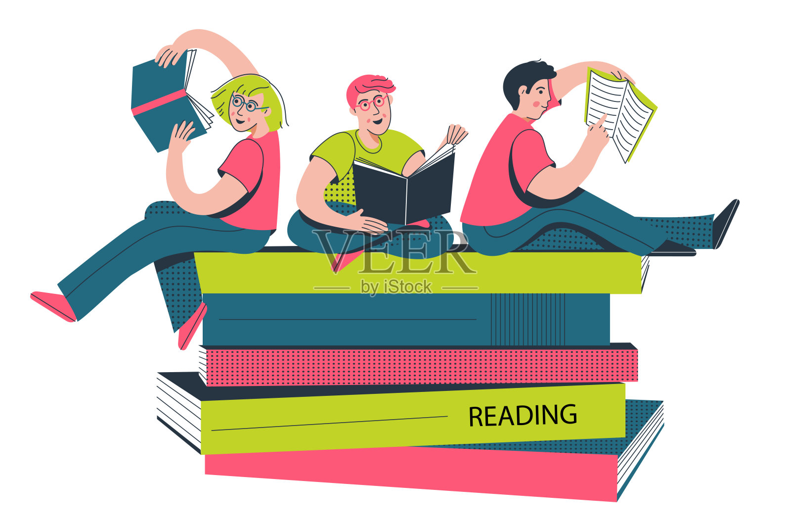 学校孩子读书，教育观念。一群朋友一起学习。读书俱乐部。矢量图插画图片素材