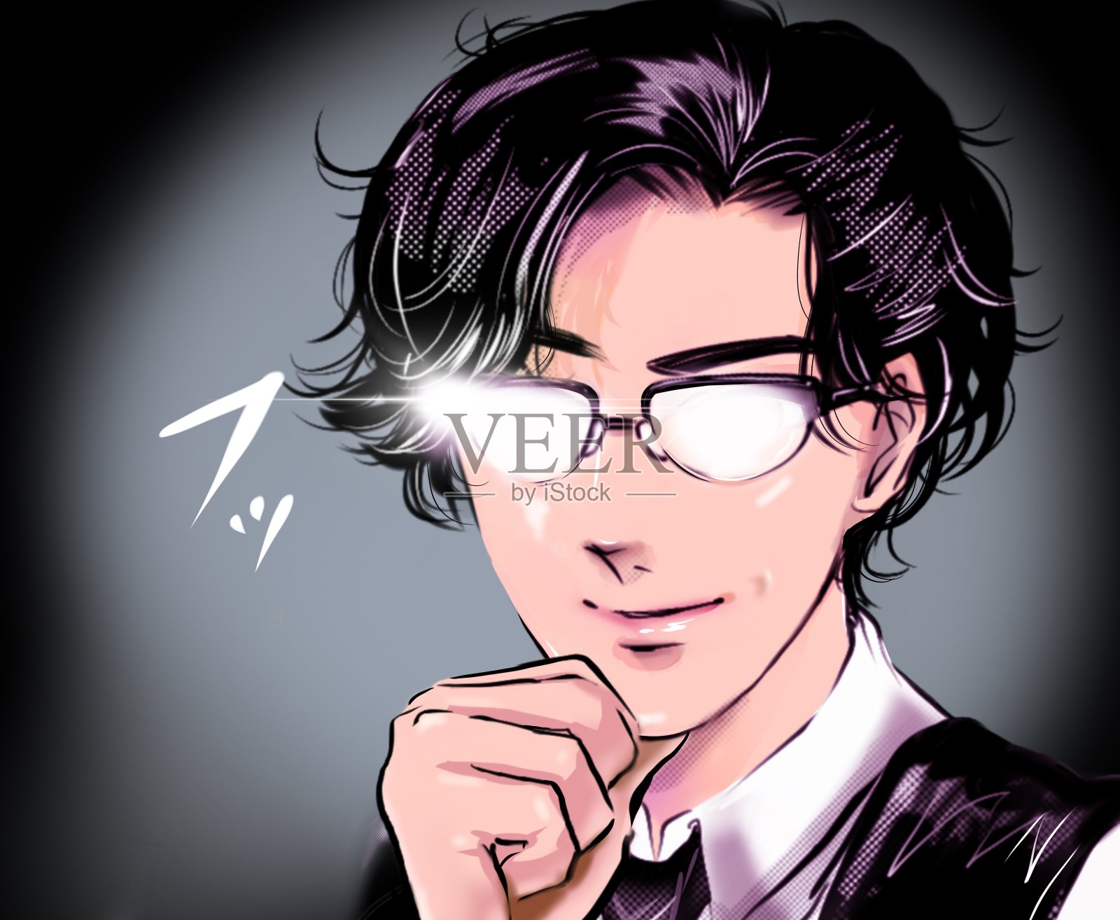 彩色卡通插图，一个年轻英俊的男子烫着黑色的头发，戴着眼镜和西装，微笑着与可疑的闪烁在他的眼睛插画图片素材