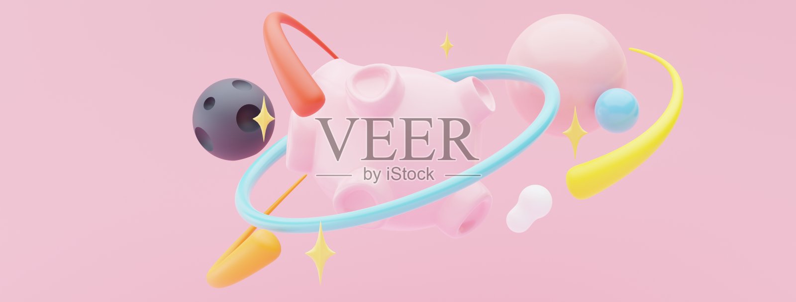 行星恒星和月亮的3d渲染，在夜间漂浮在空气中，紫色紫丁香背景。色彩柔和的蜡笔球、泡泡皂或斑点的抽象场景。神奇的场景。照片摄影图片