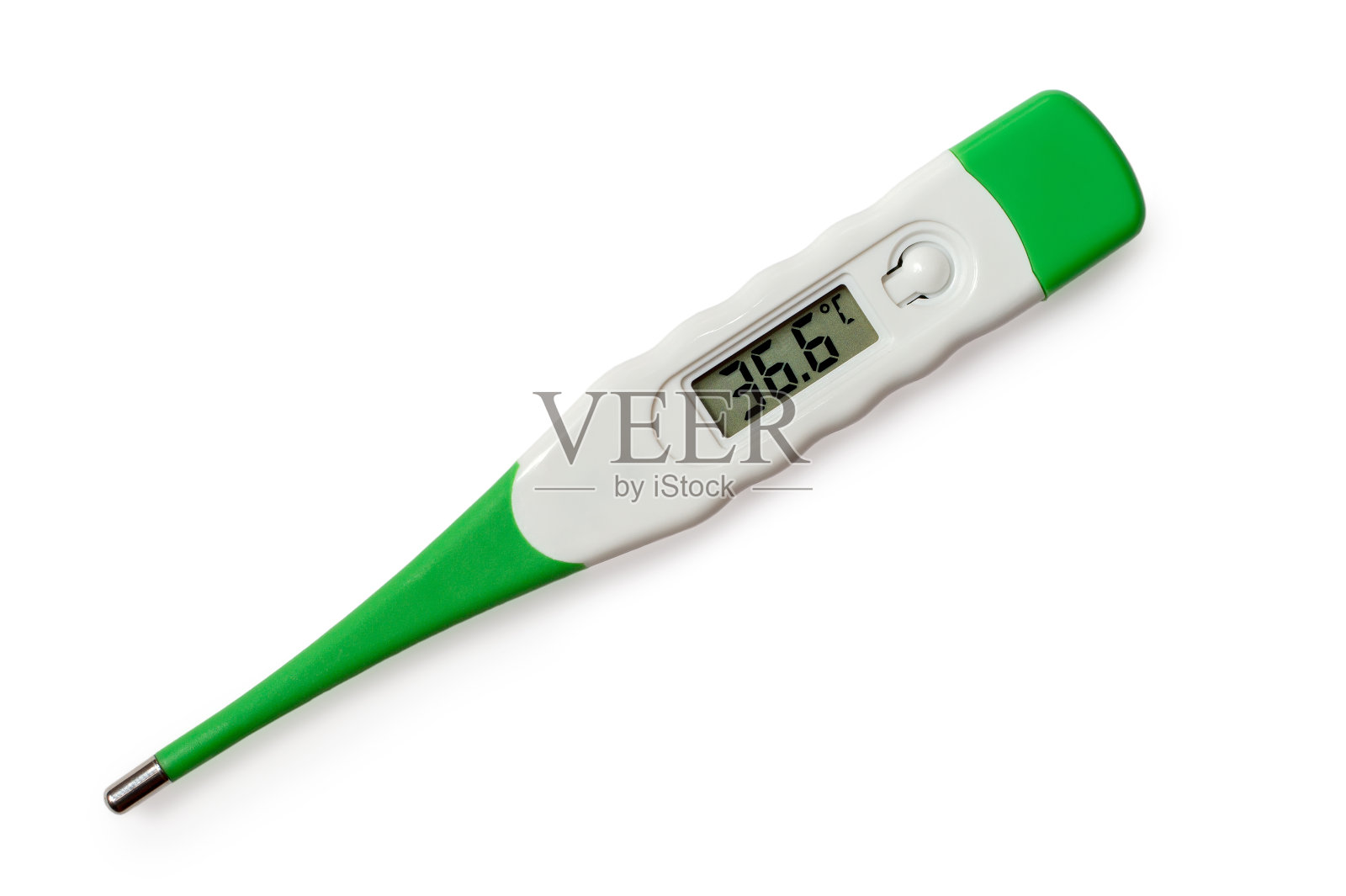 白色背景上的现代电子温度计。照片摄影图片