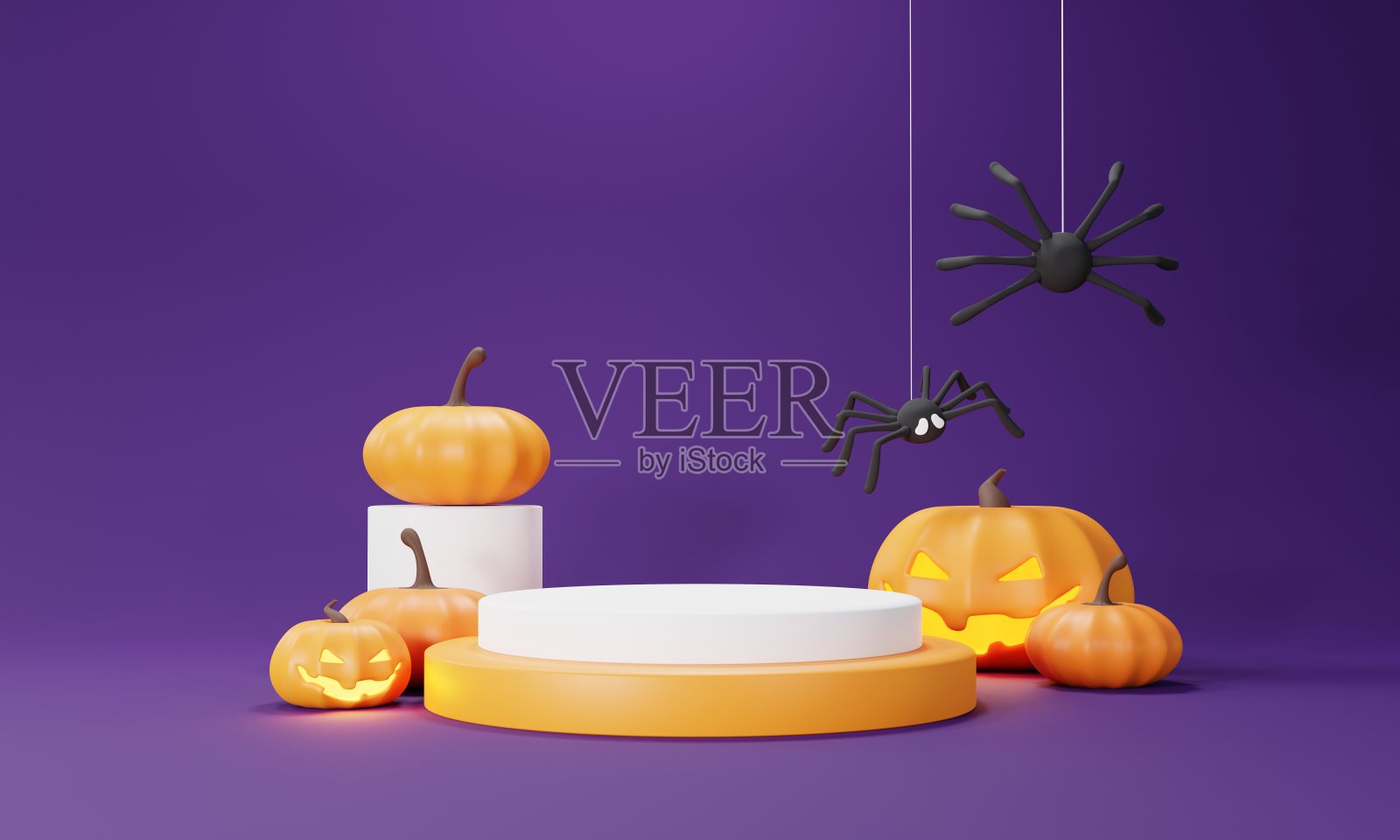 3d渲染，快乐万圣节的背景与平台的产品和夜景和可爱的幽灵般的设计。万圣节南瓜，骷髅，幽灵和蜘蛛装饰在深紫色的背景。照片摄影图片