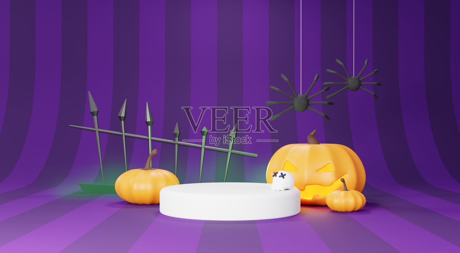 3d渲染，快乐万圣节的背景与平台的产品和夜景和可爱的幽灵般的设计。万圣节南瓜，骷髅，幽灵和蜘蛛装饰在深紫色的背景。照片摄影图片