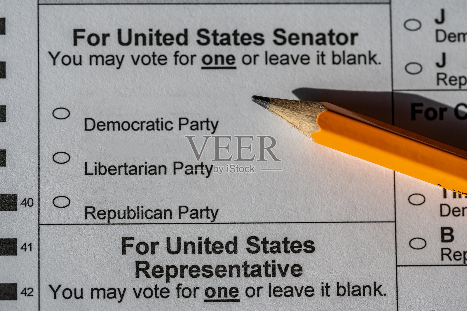 美国参议院通用选票，用铅笔填椭圆形。照片摄影图片