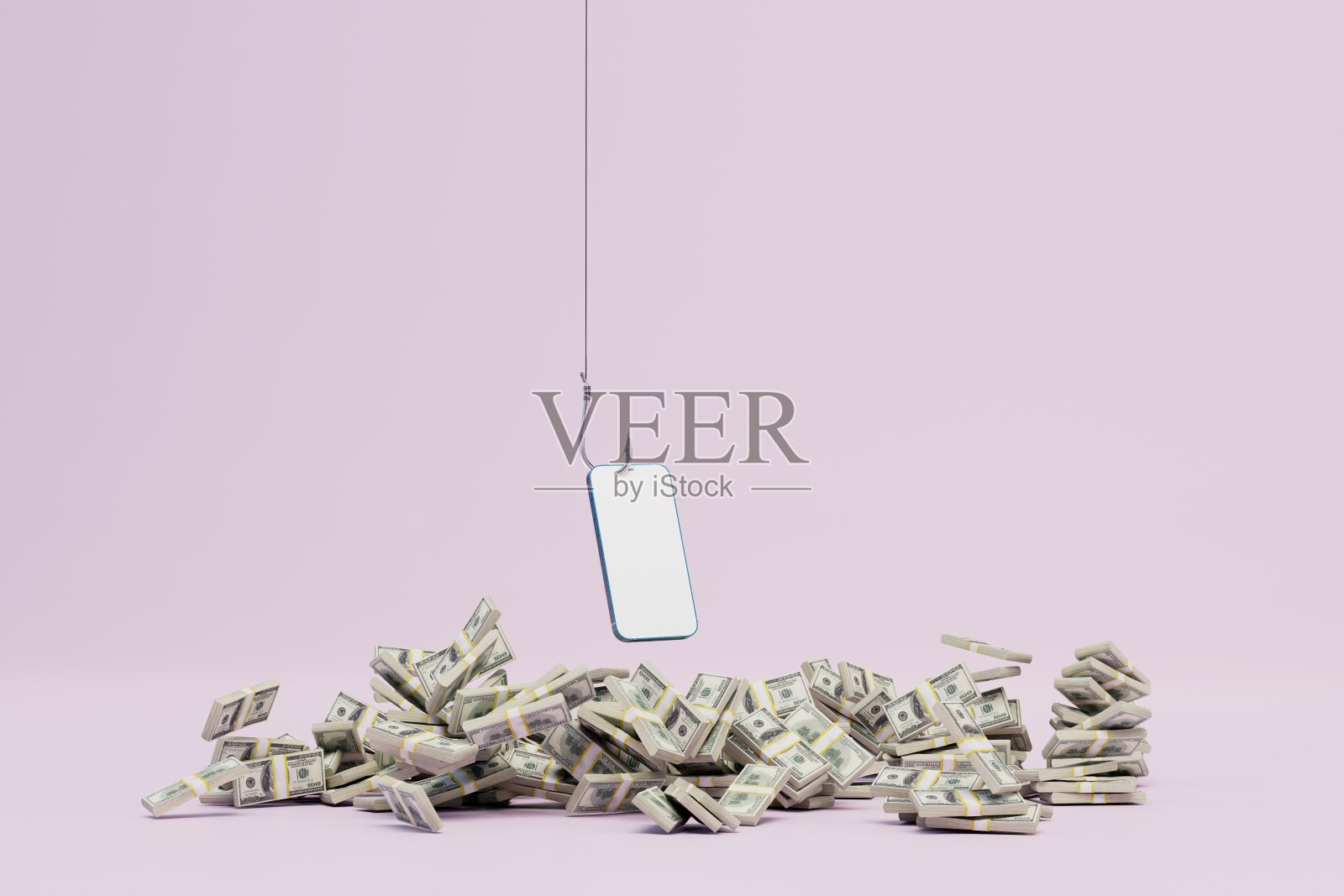 在线收入的概念。挂在钩子上的智能手机和色彩柔和的背景上的一摞摞美元。三维渲染照片摄影图片