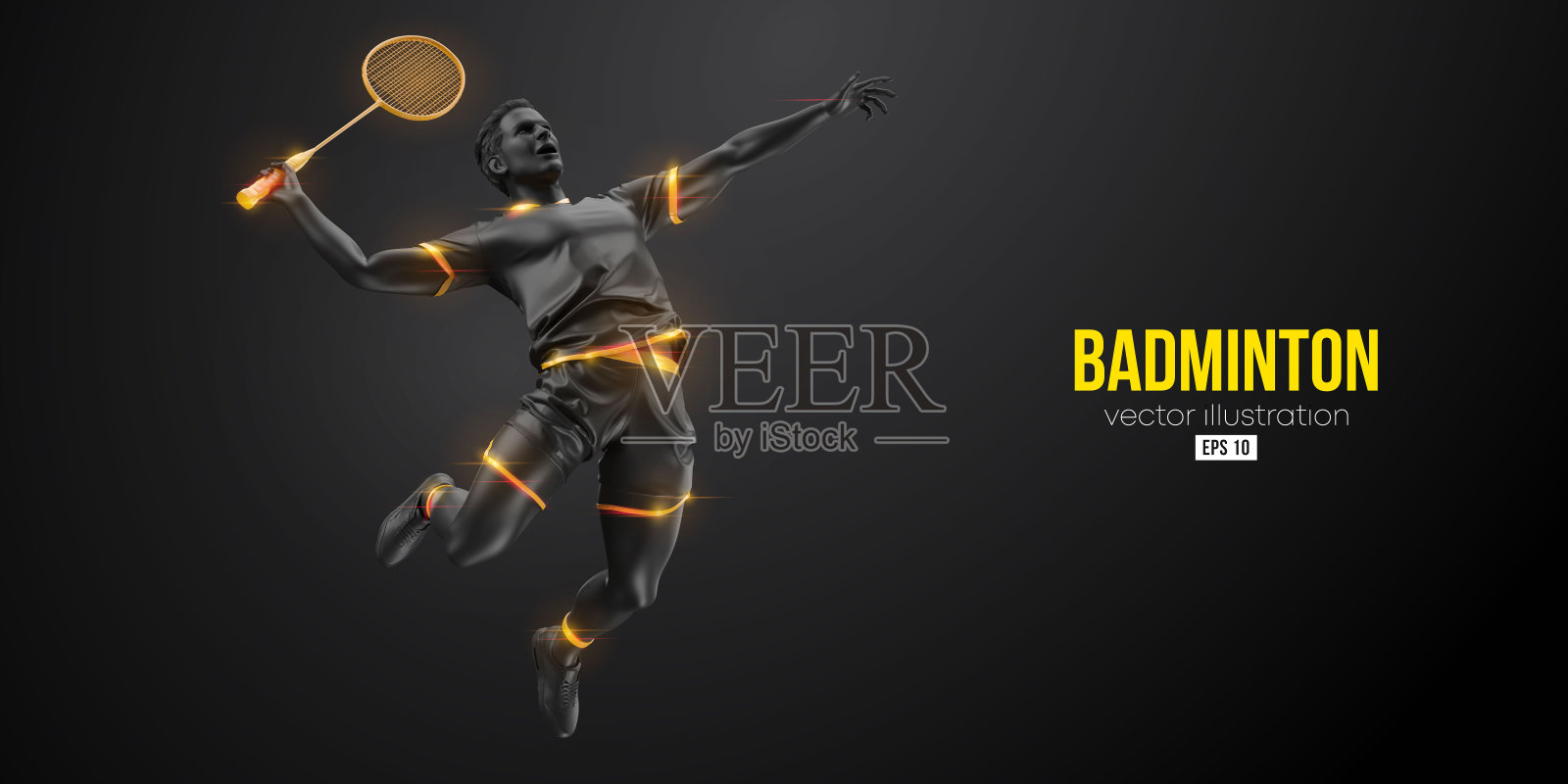 抽象轮廓的羽毛球运动员在黑色背景。羽毛球运动员打羽毛球。矢量图插画图片素材