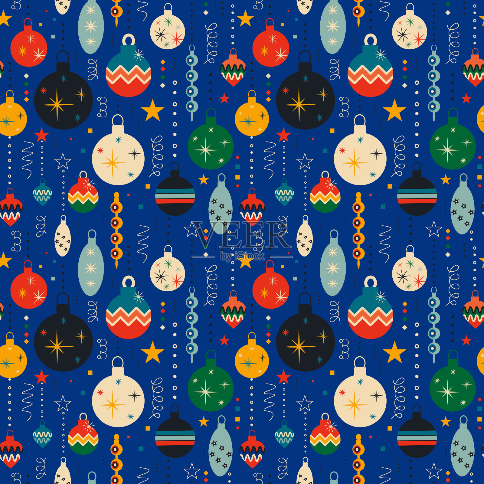带有圣诞树玩具的复古圣诞图案。圣诞节无缝的背景插画图片素材