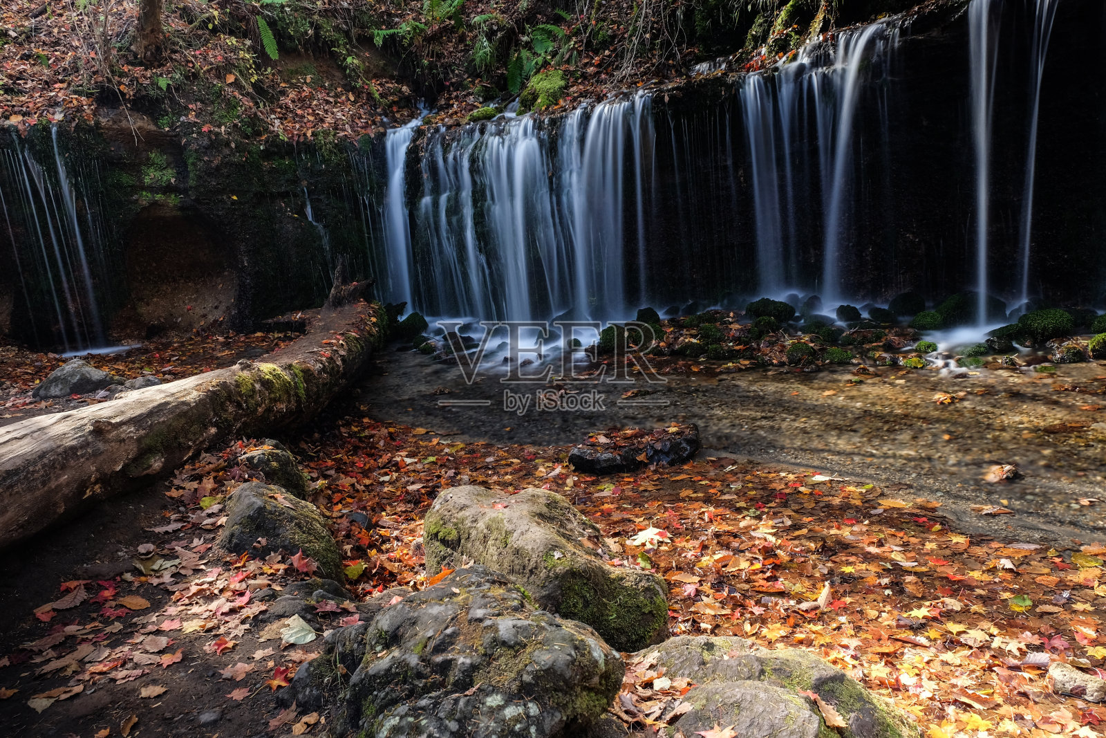 轻井泽森林中瀑布的高角度拍摄。日本东京照片摄影图片