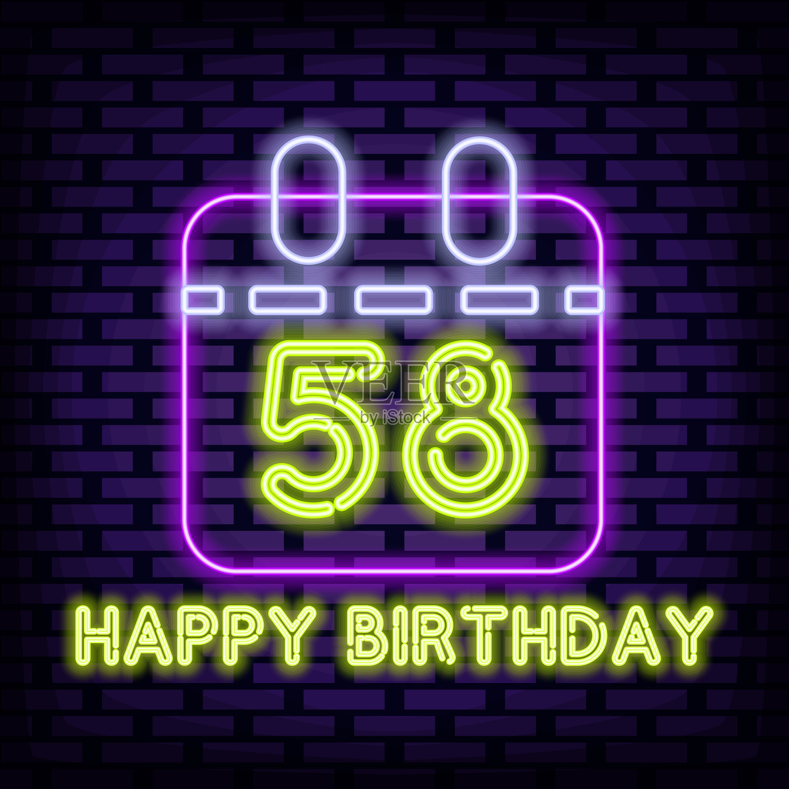 58岁生日快乐58岁霓虹灯招牌。闪烁着五颜六色的霓虹灯。光的旗帜。设计模板素材