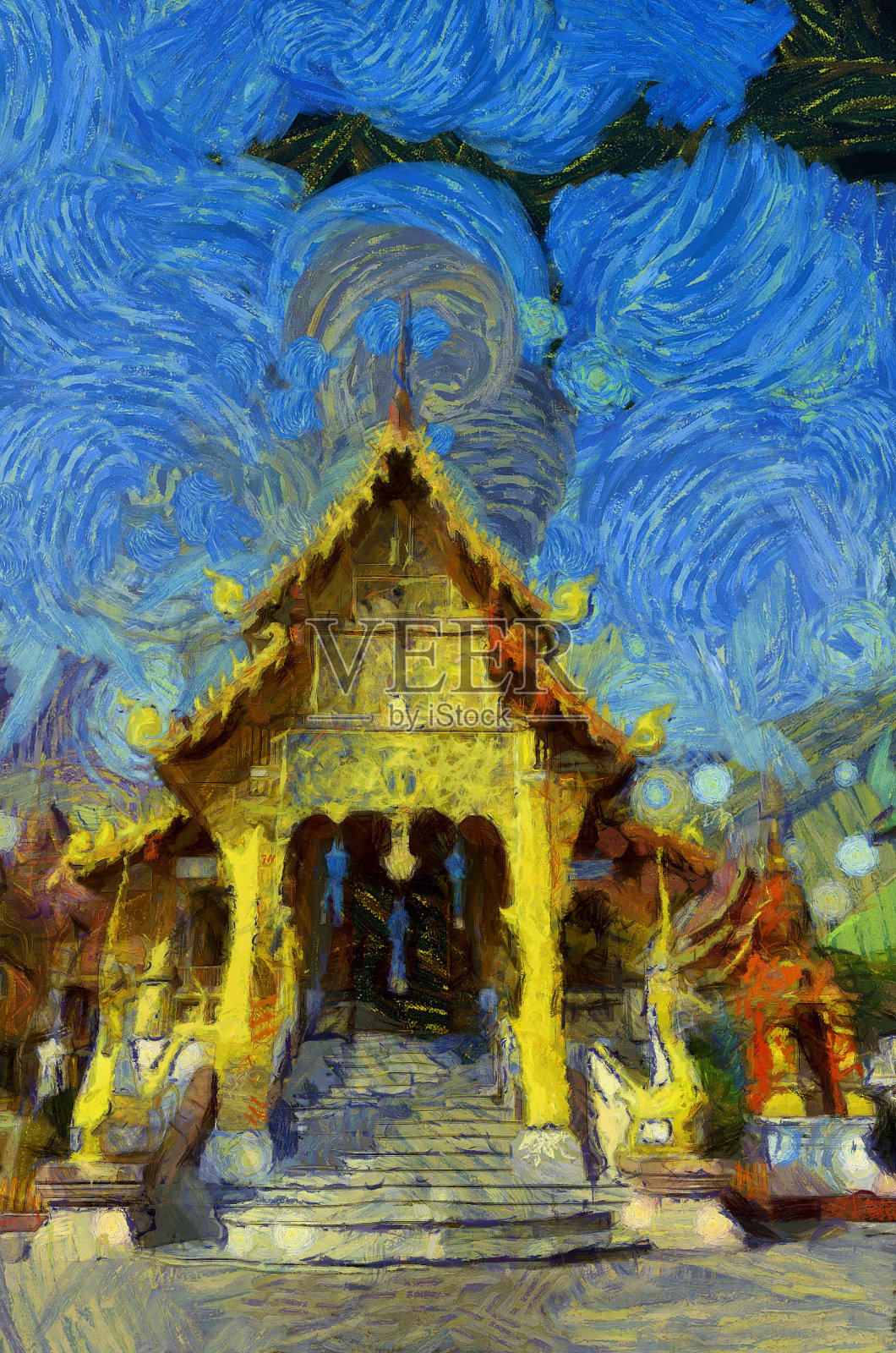 泰国北部的古代寺庙、艺术和建筑风格的插图创造了印象派的绘画风格。插画图片素材