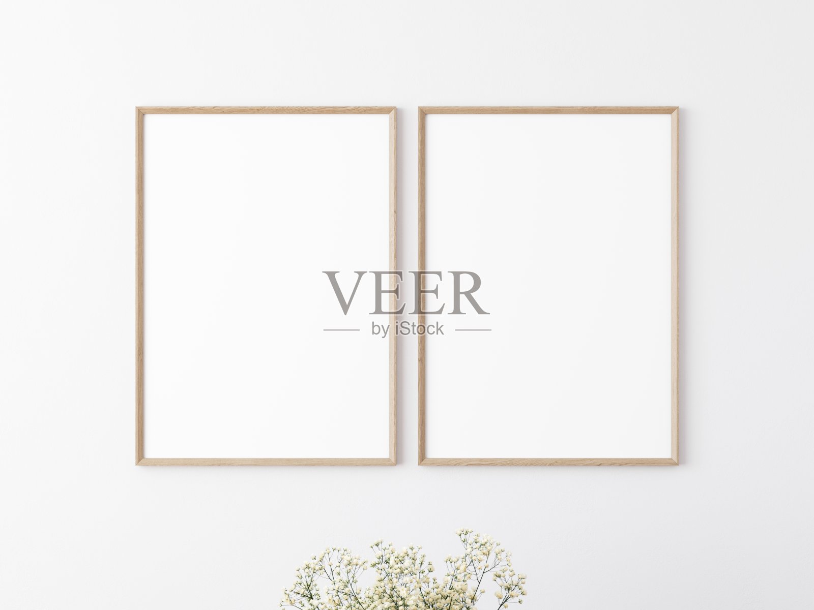 一对空的矩形画框与木边挂在白墙。花从底部。3 d演示。照片摄影图片