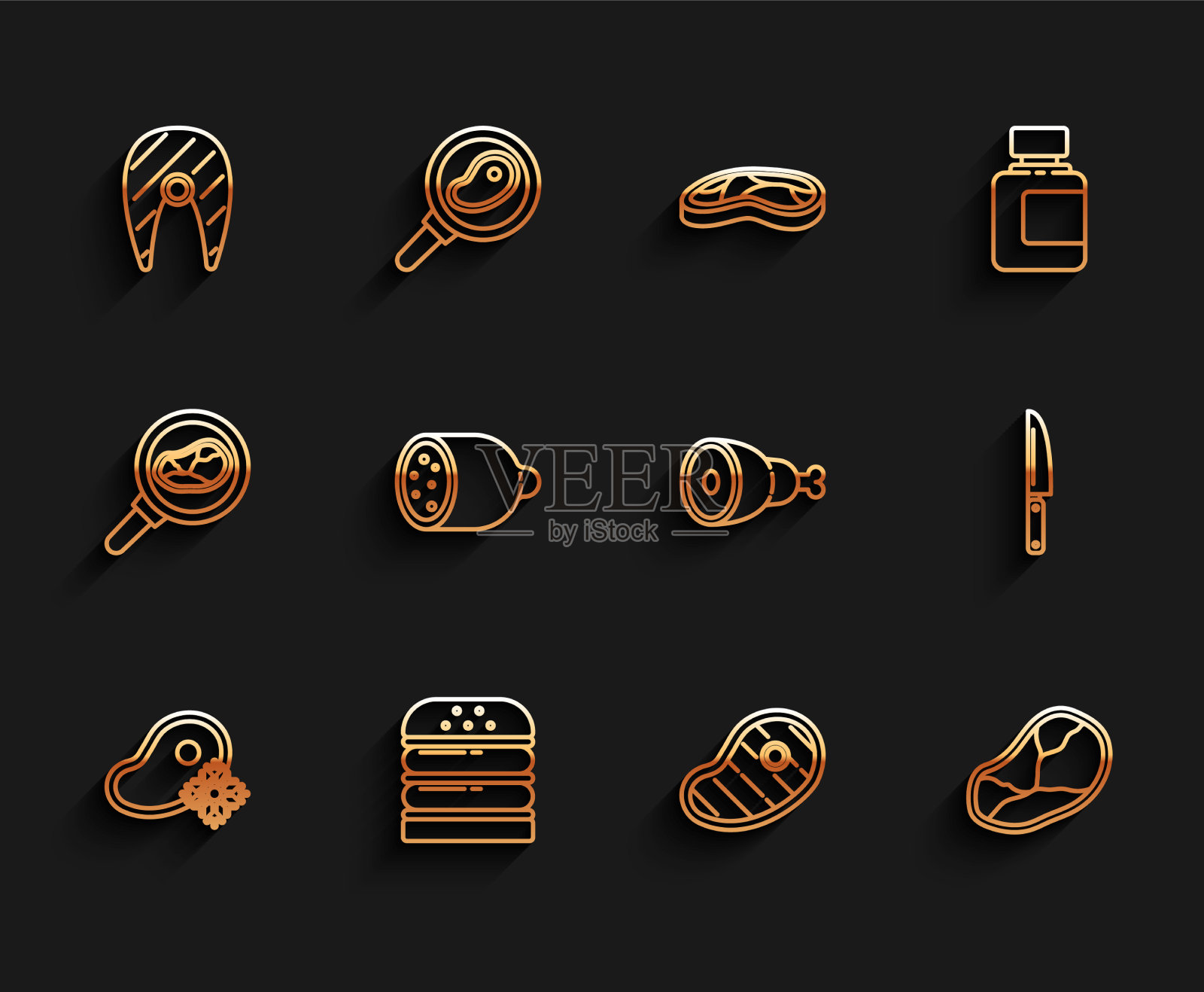 套餐新鲜冷冻牛排，肉，汉堡，鱼图标素材