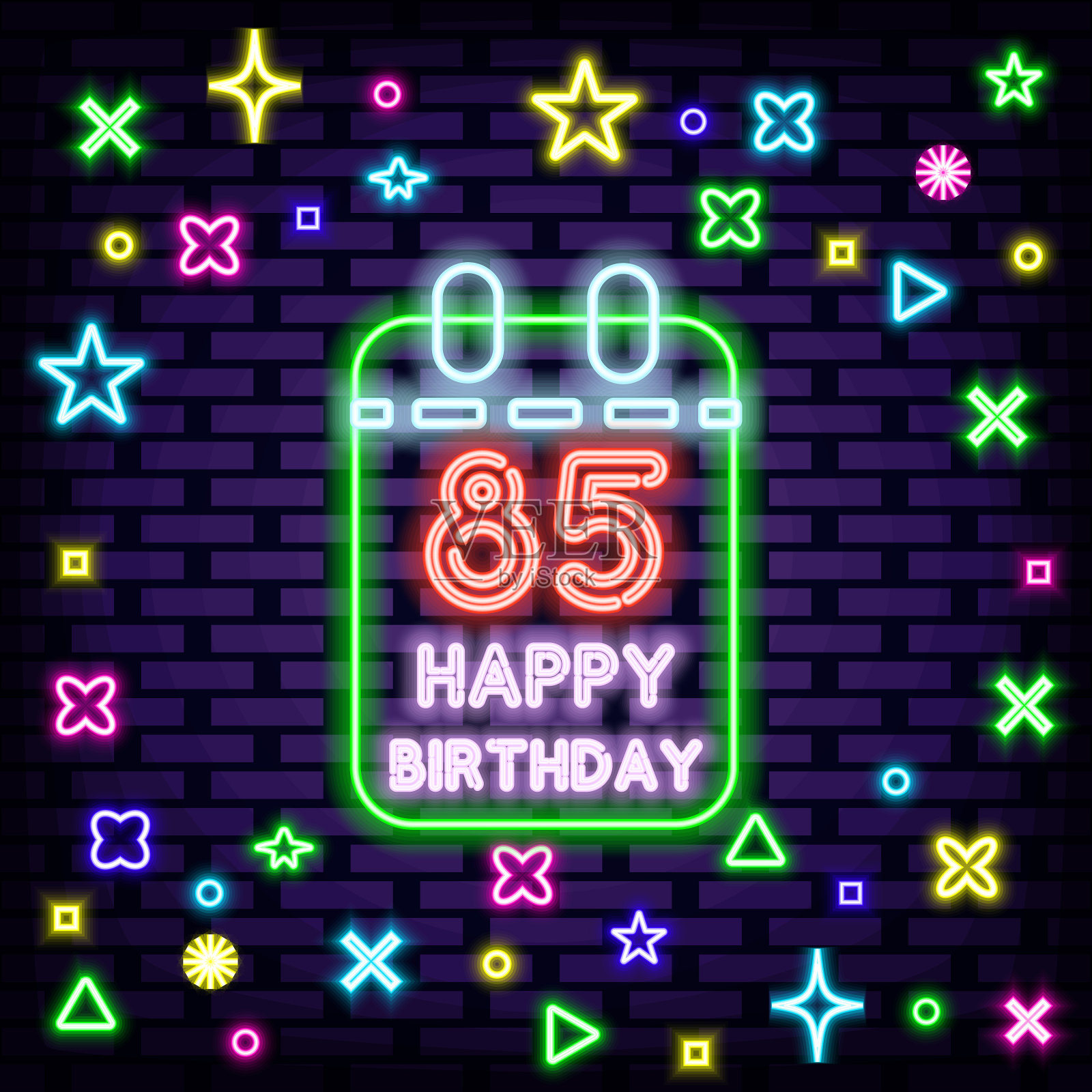 85岁生日快乐85岁生日霓虹灯。闪烁着五颜六色的霓虹灯。晚上advensing。设计模板素材