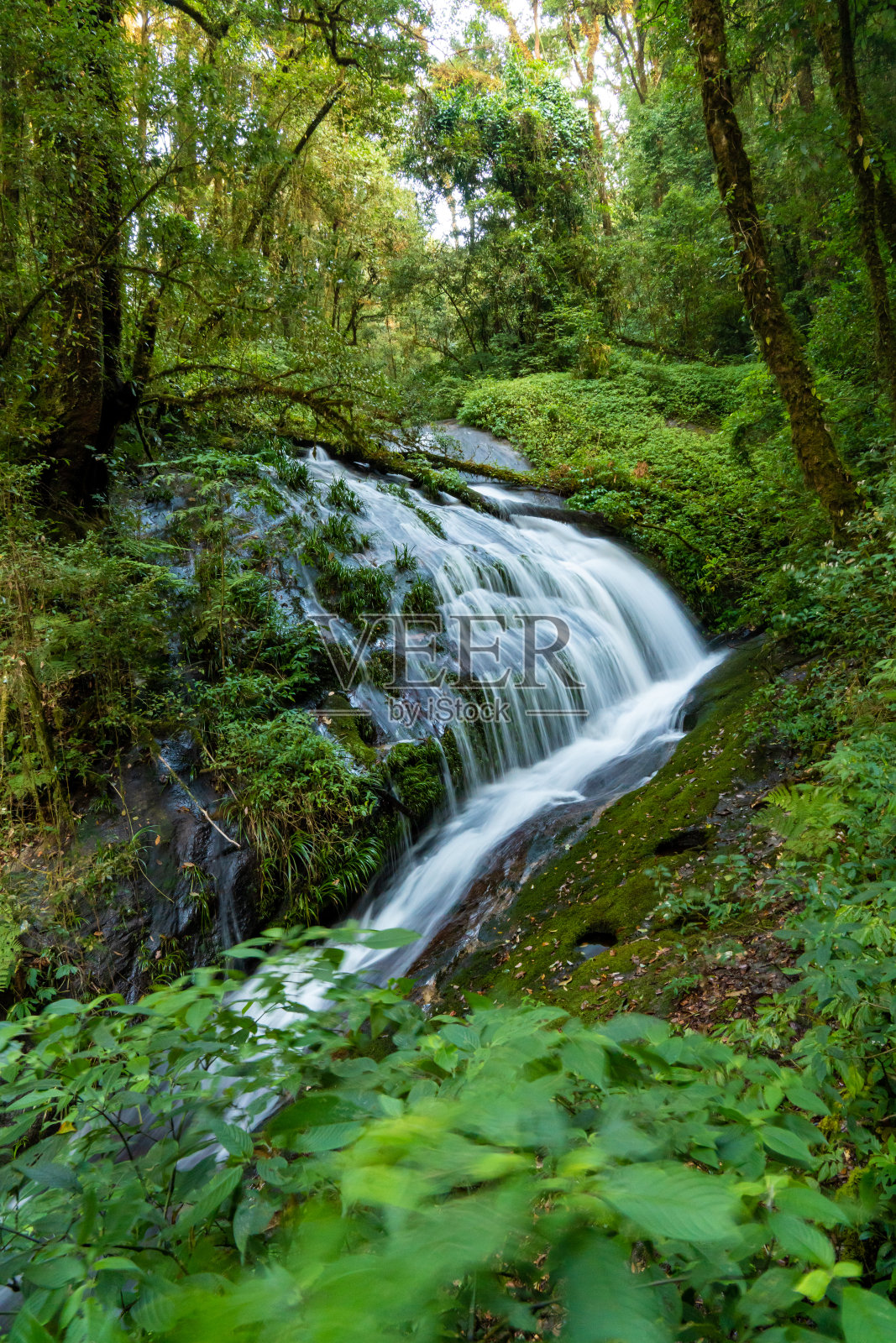 在泰国清迈的伊塔农，Kew Mae Pan自然步道上的第一个瀑布照片摄影图片