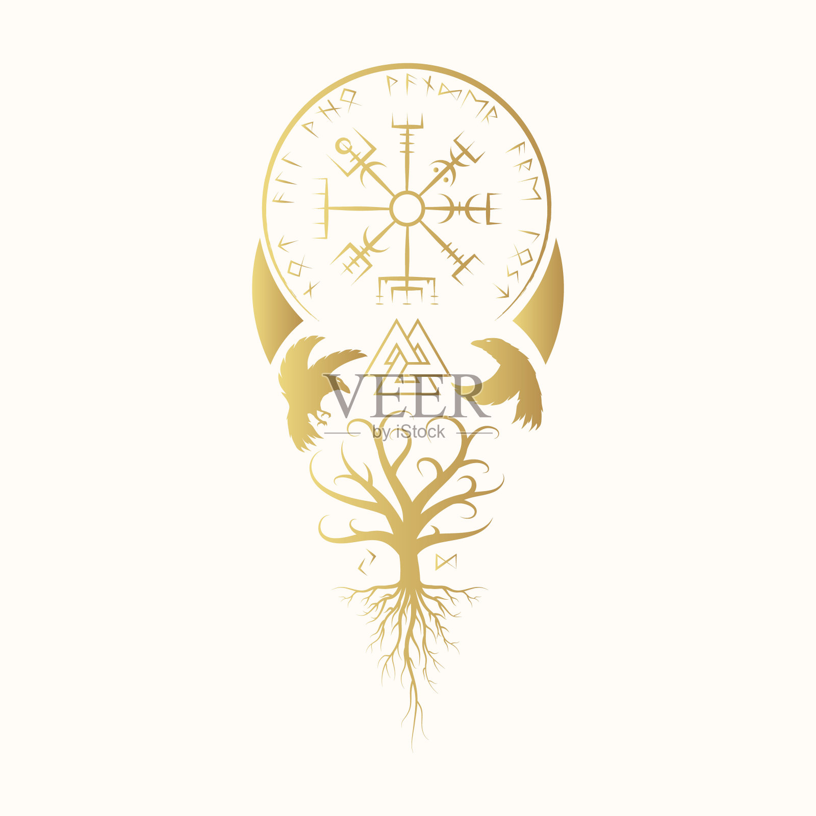 金色的维京符号是瓦尔克纳特、素食者和生命之树。斯堪的纳维亚矢量插图。插画图片素材