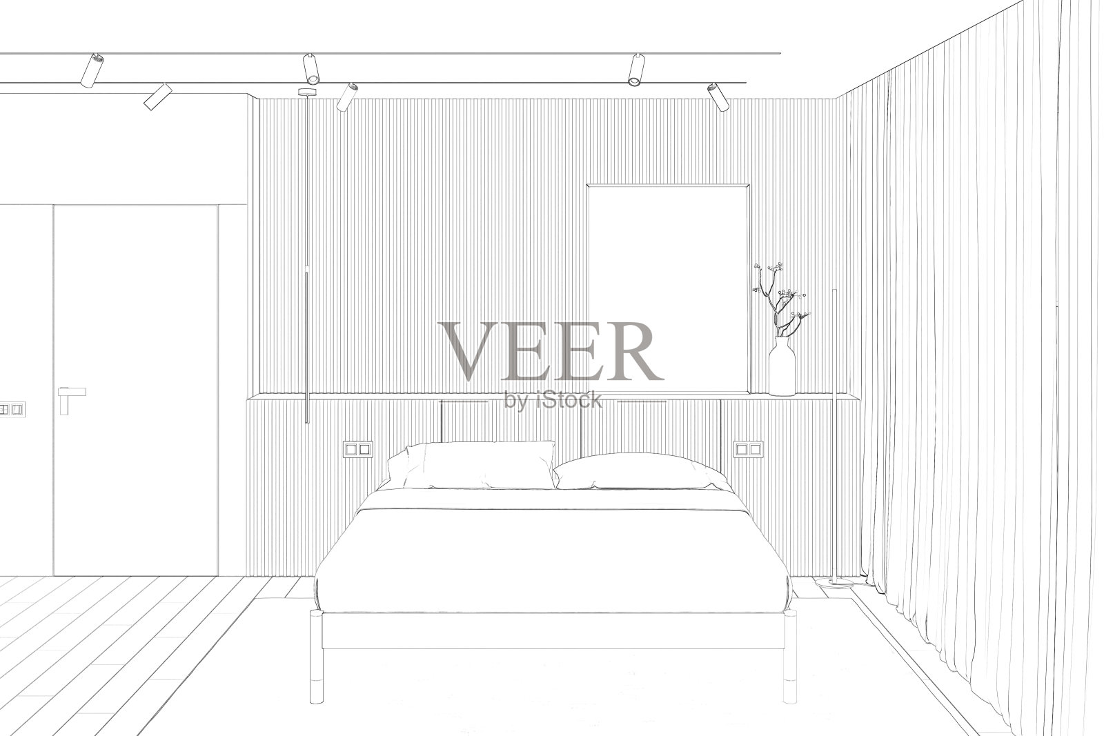 极简主义卧室的草图，床头板上有一张垂直的海报，床上用品，窗帘窗户附近有一盏落地灯，嵌壁式门，瓷砖地板上有一块地毯。插画图片素材
