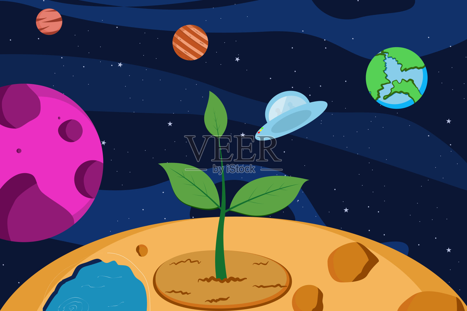 太空中的树，宇宙飞船，行星，恒星插画图片素材