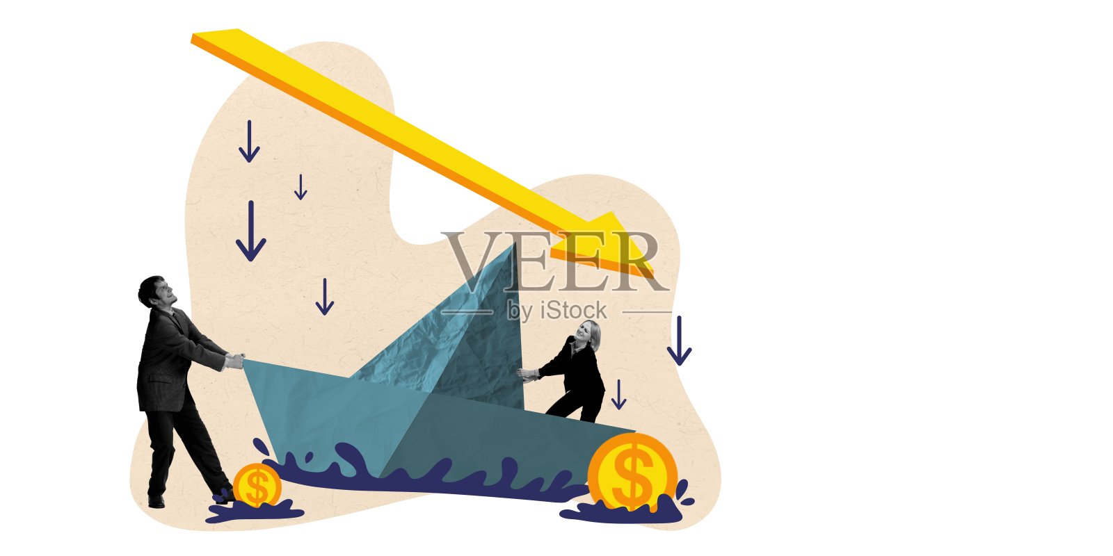 当代艺术拼贴。创意设计。集团员工推动船获得利润。致力于赚钱和公司发展插画图片素材