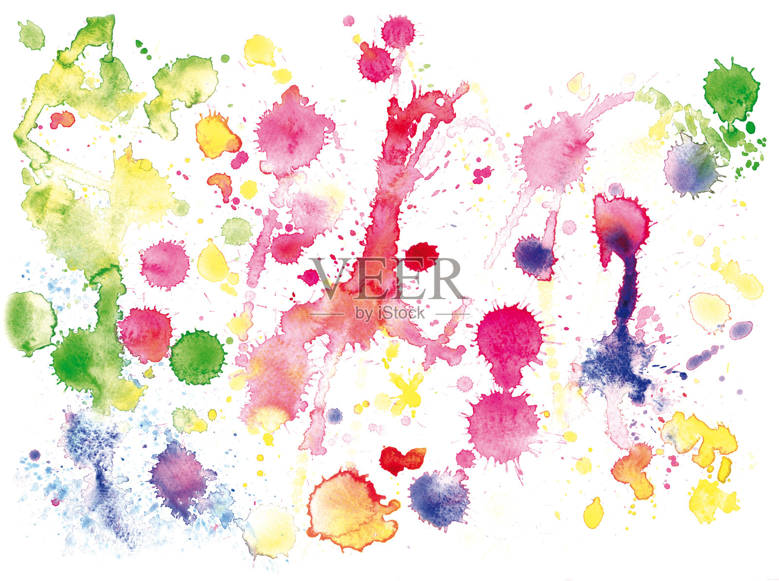 彩色水彩滴画与飞溅孤立在白色背景照片摄影图片