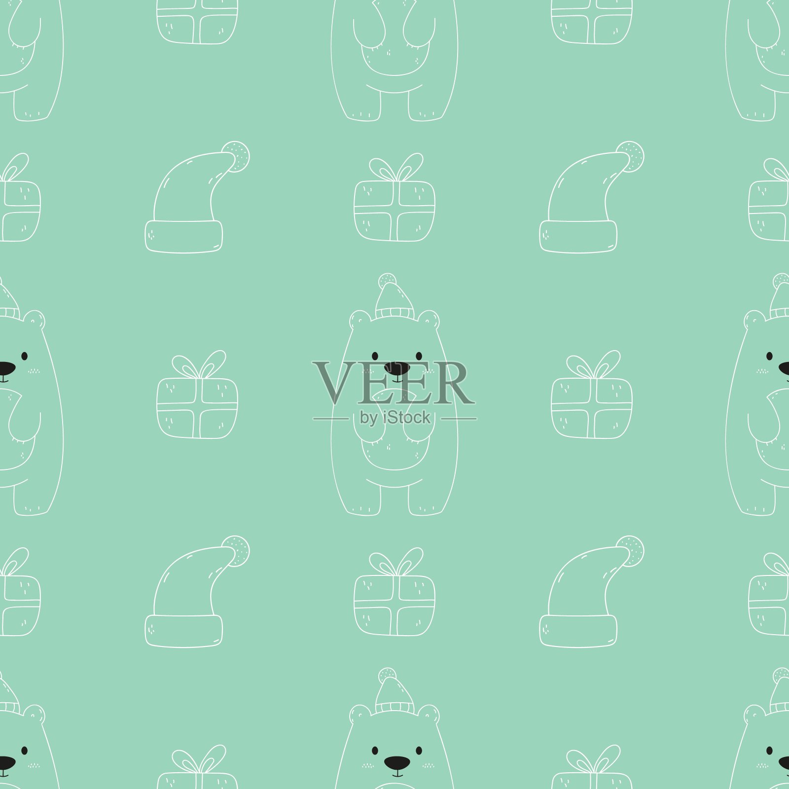 可爱的北极熊。手绘插图。涂鸦。圣诞节幼稚的模式。熊在帽子。礼物盒子。泰迪熊。插画图片素材