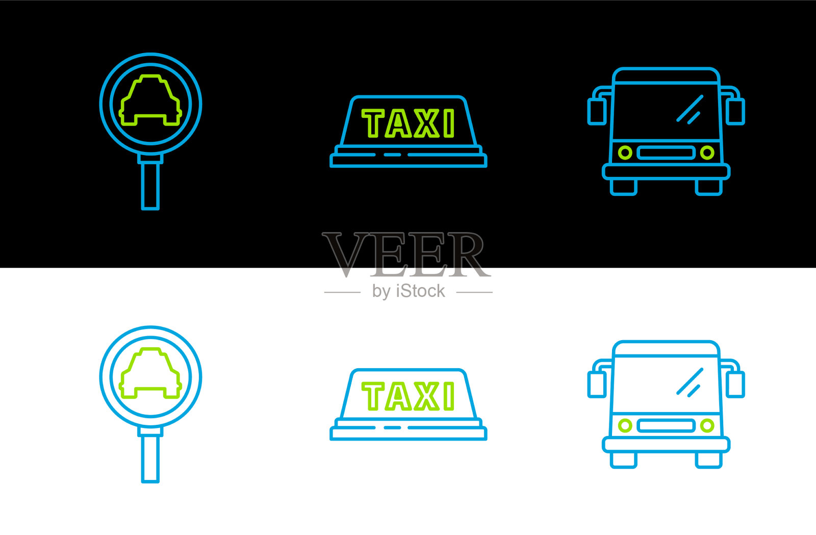 设专线公交车、放大镜和出租车等图标素材